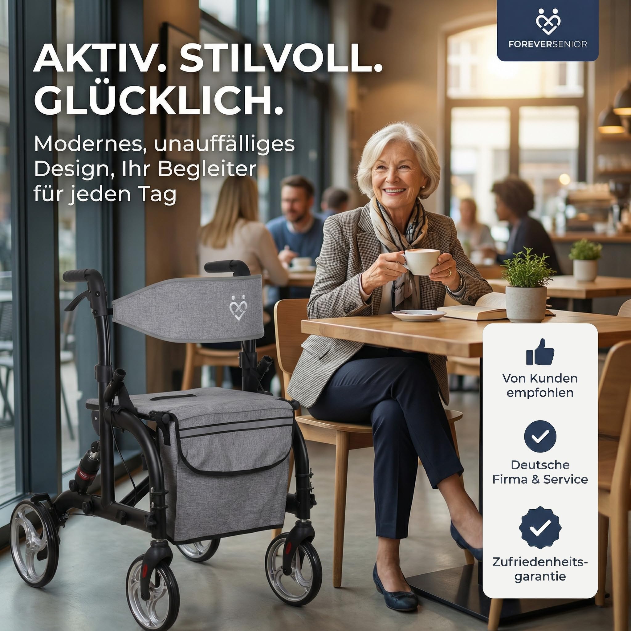 Rollator Rollstuhl 2 in 1 faltbar mit Federung, Matt-Schwarz
