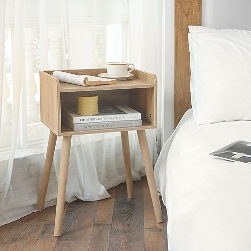 Miniatura 14 de MaxSmeo Mesita de noche, moderna de mediados de siglo, mesa auxiliar para dormitorio con almacenamiento, mesita de noche pequeña con patas de madera