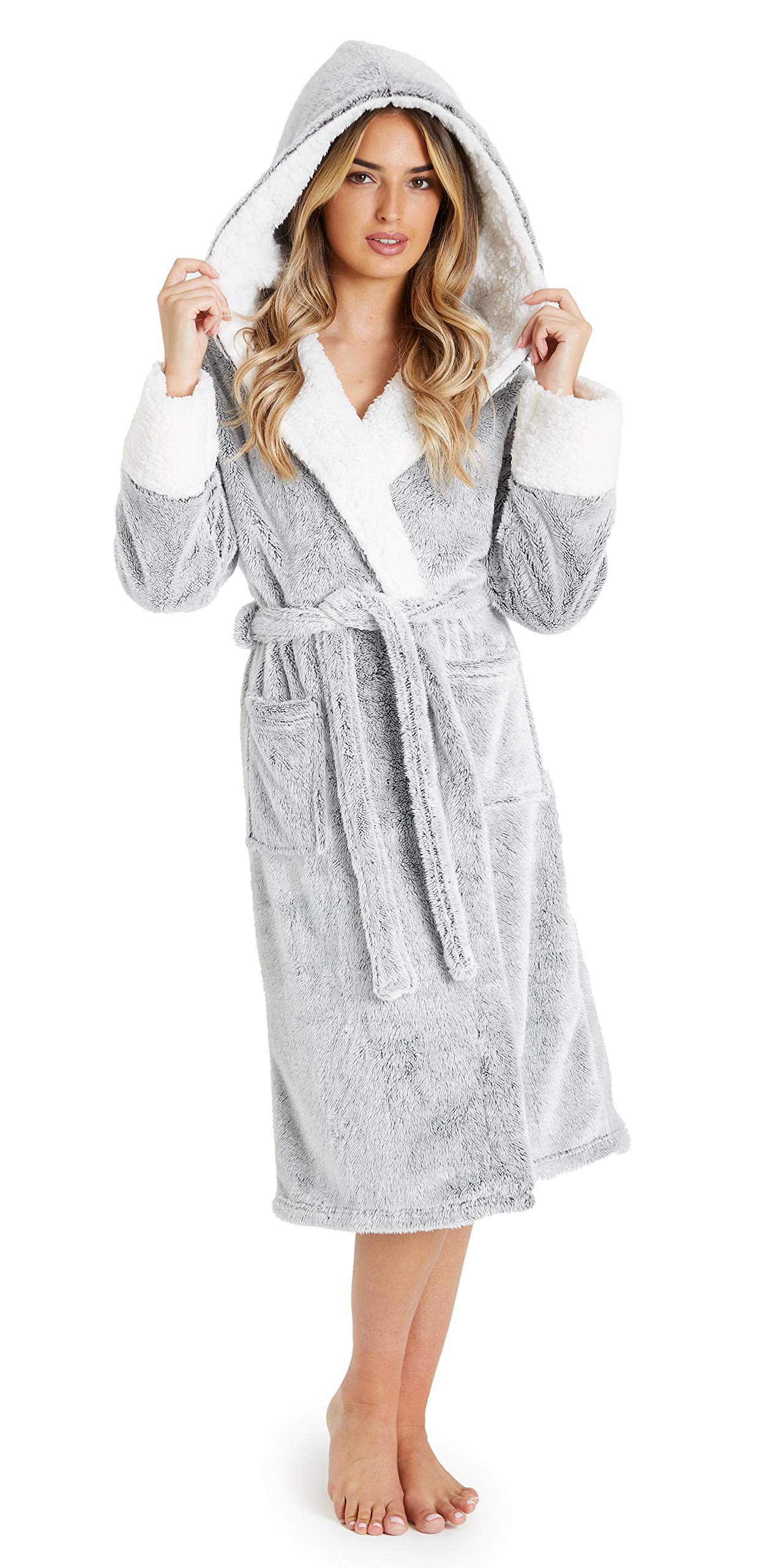 CityComfort Hooded Dressing Gown Women - Grey Fleece Ladies Bathrobe - Super Soft Loungewear - Size XL