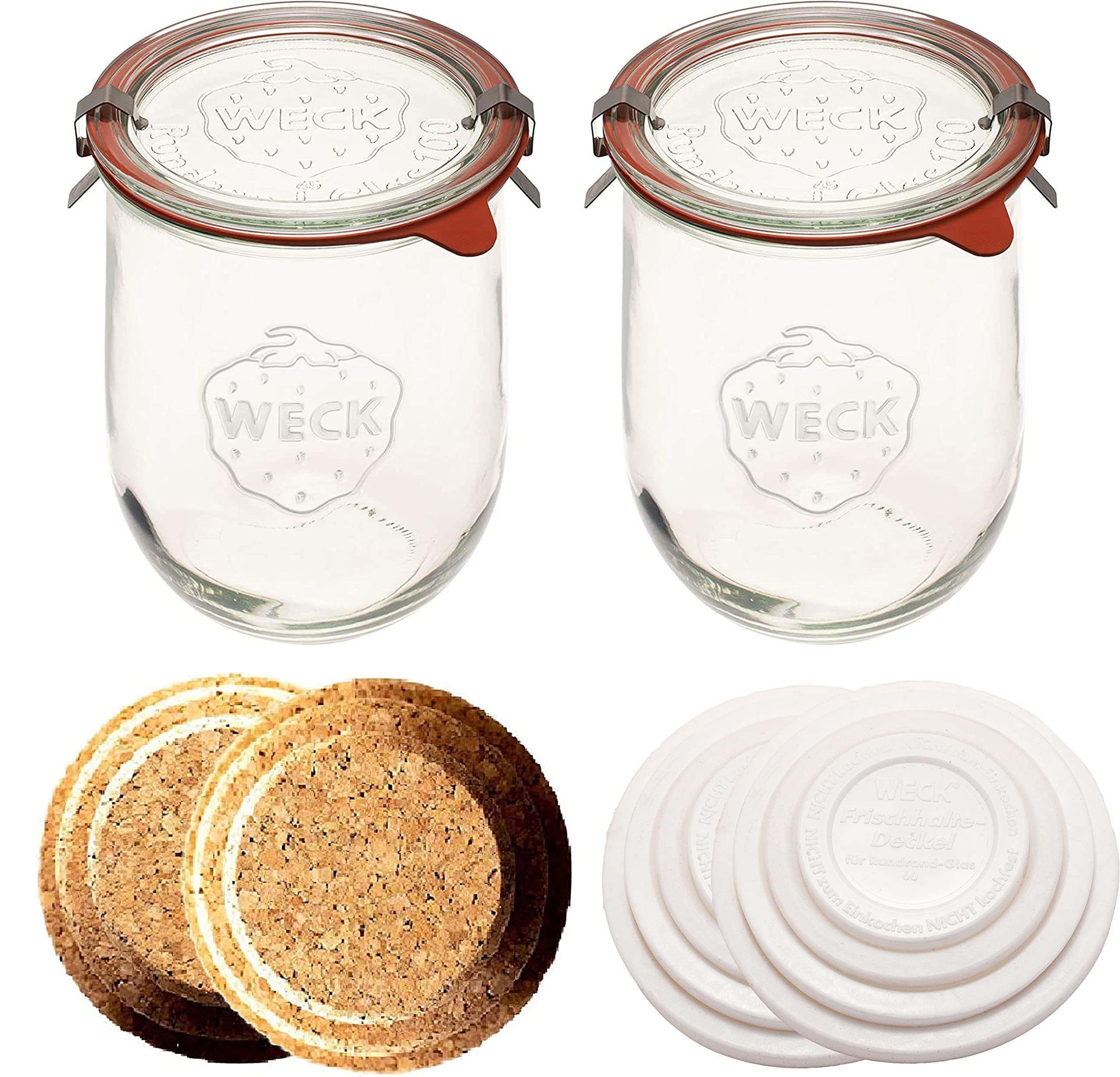Weck Jars Tulip - Sour Dough Starter - Large Glass for Sourdough - Starter with Glass Lid - Tulip with Wide Mouth - 1 Liter Includes Cork Lid & Keep Fresh Cover (2)