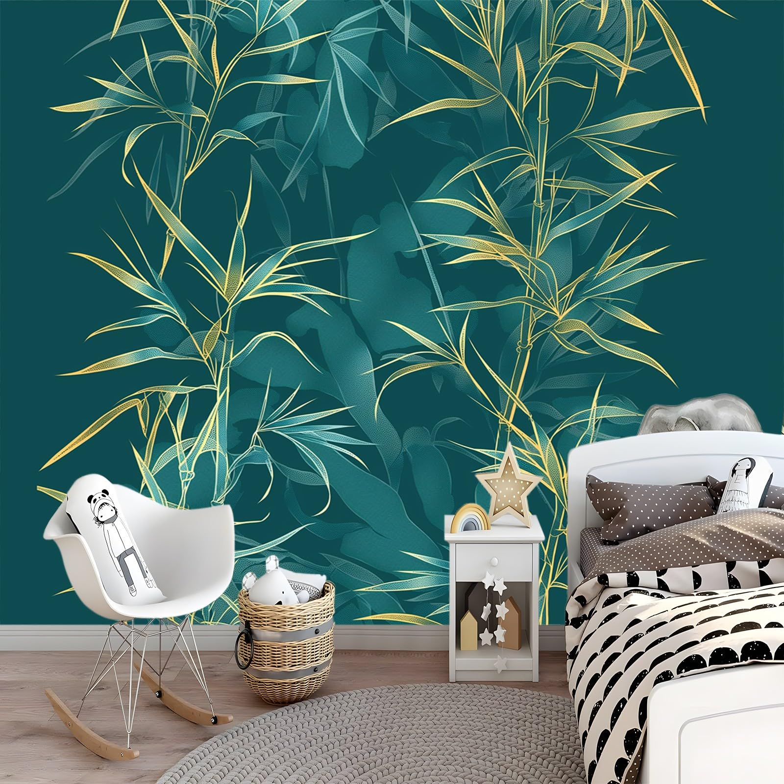 Tapeta 400 x 280 cm, tapeta z włókniny, liście bambusa w naturalnym stylu, folia ochronna na ścianę, do sypialni, salonu, tapeta ścienna, fototapeta, ciemnoniebiesko-zielona, w zestawie z poradnikiem