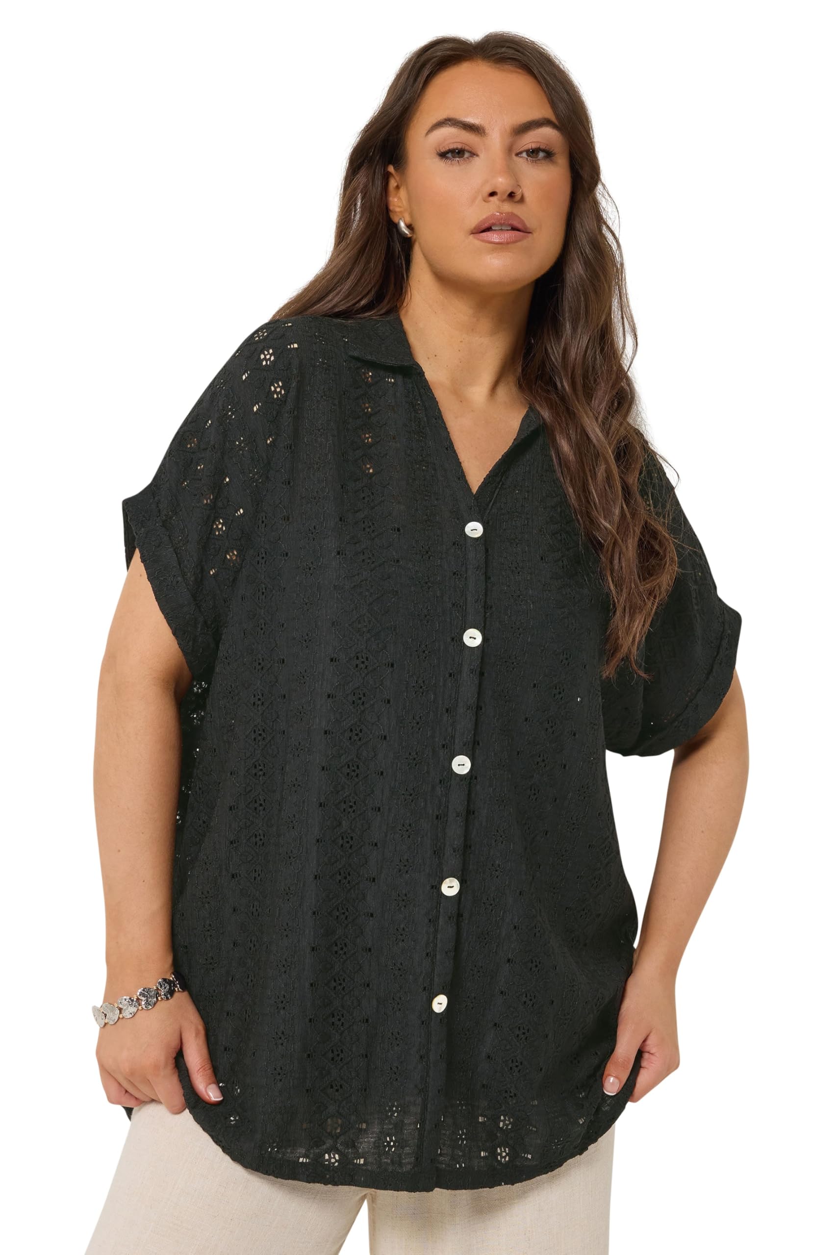 Yours Women's Black Broderie Anglaise Grown-On Sleeve Shirt In | Size: 22/24