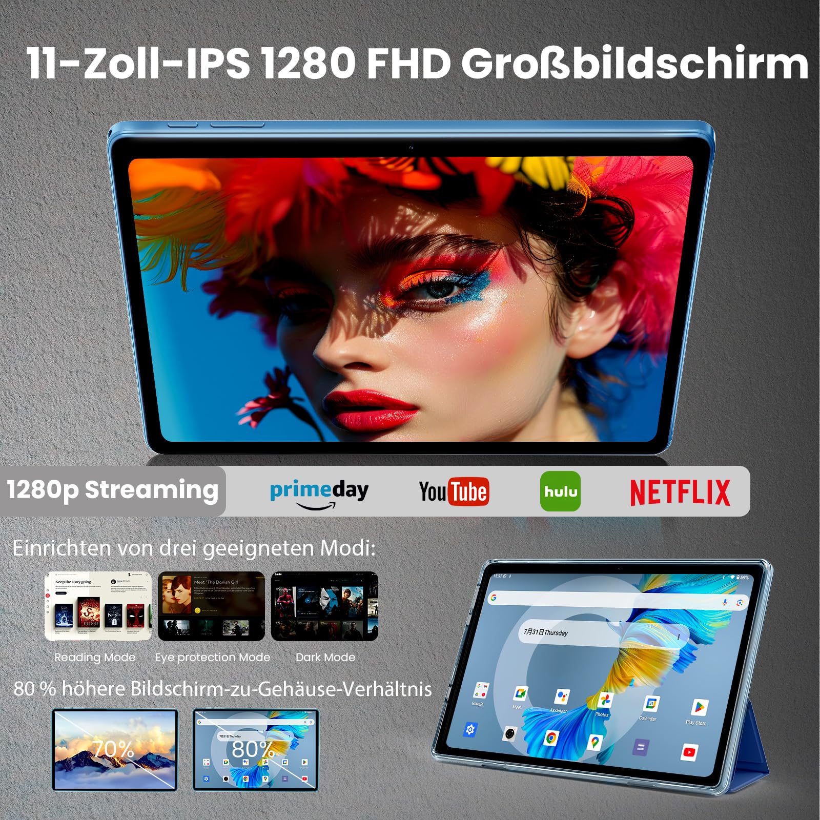 Tablette Android 16,tablette 11 pouces,32 Go + 128 Go extensible à 1 To, pack productivité avec housse clavier, stylet, processeur octa-core, double caméra, WiFi 6, batterie 8000 mAh (Bleu)