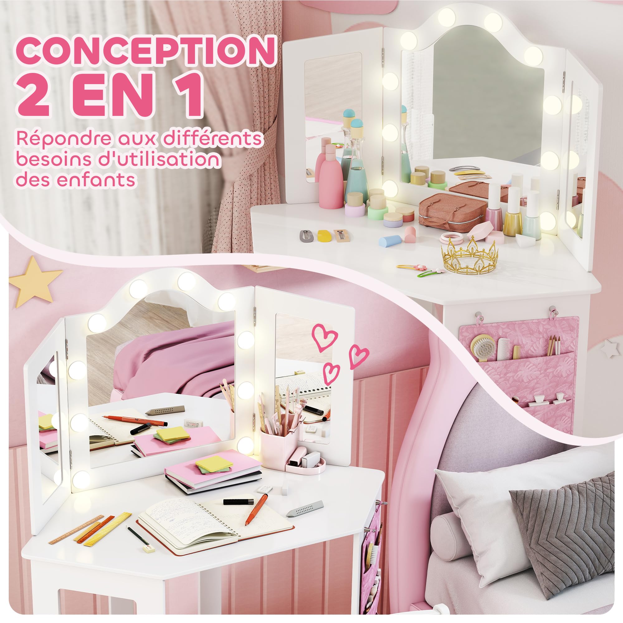 AIYAPLAY Coiffeuse Enfant 2 en 1 avec Tabouret, Bureau Fille avec Miroir triptyque et lumières LED Bicolores, Pochette de Rangement latérale, Table de Maquillage pour Enfants de 3 à 8 Ans, Blanc
