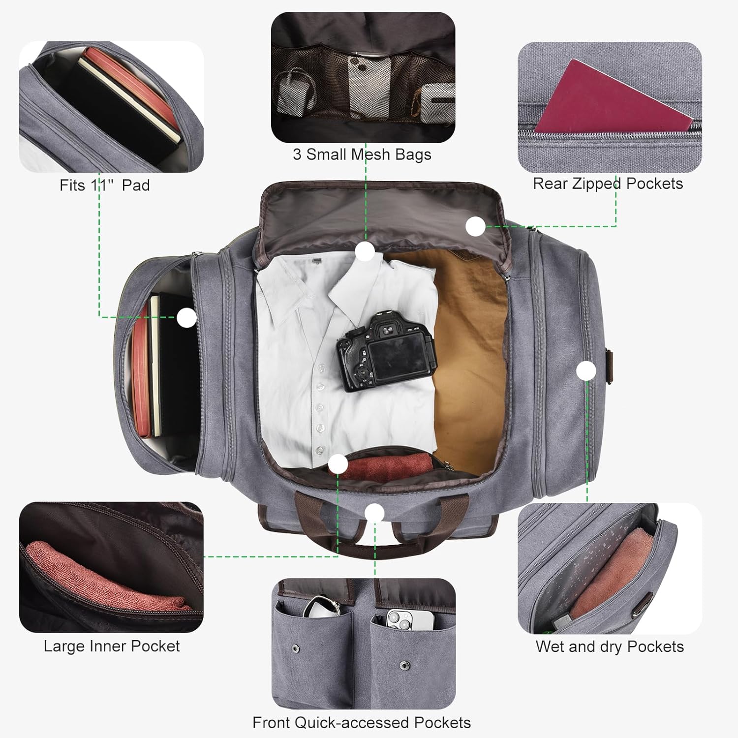Large Duffle Bag for Travel, 60L Canvas Travel Duffel Bags Travel Bags Overnight Weekend Gym Bag Carry On Duffel Bag with Wet Dry Separation Pocket & Shoe Compartment(Grey)