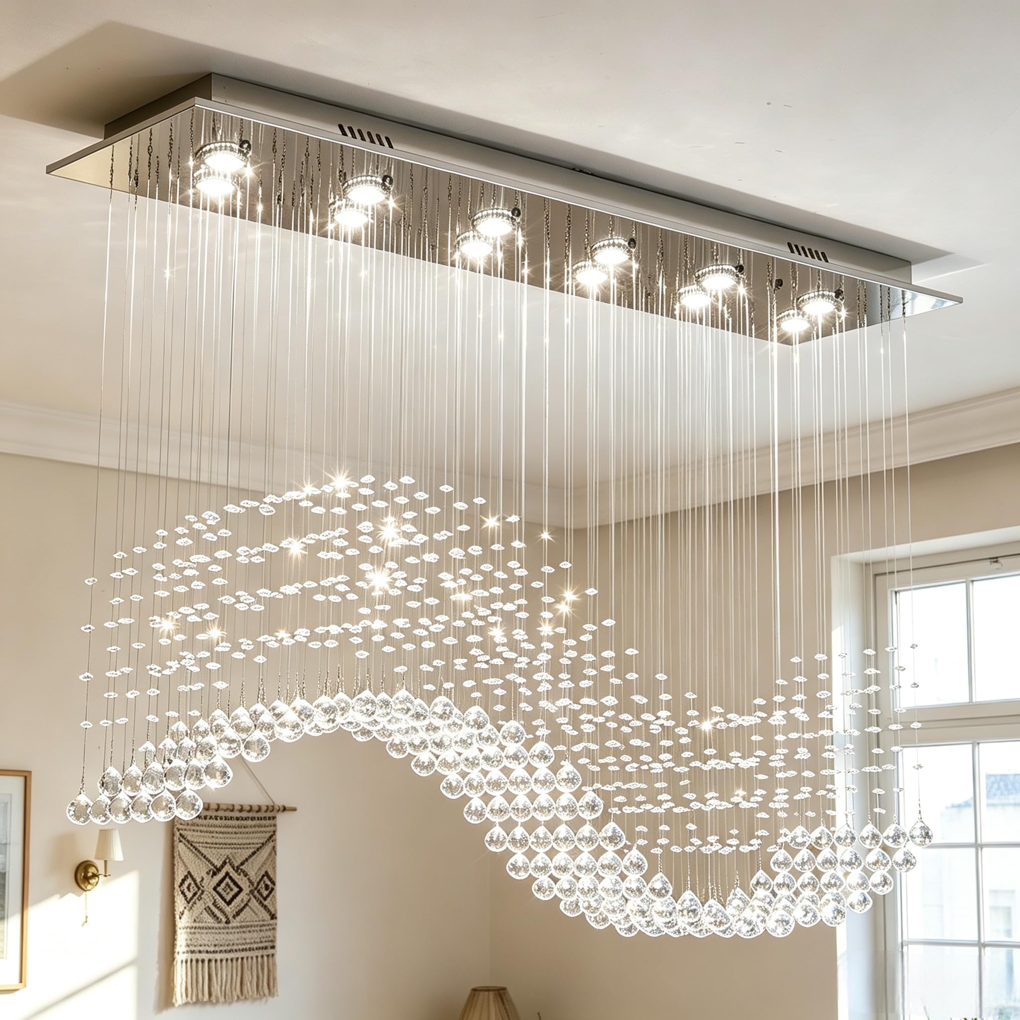 Photo 1 of Siljoy Rectangle Wave Raindrop Chandelier for Dining Room, 12 Light Modern Rectangular Flush Mount Crystal Pendant Ceiling Light for Living Room Kitchen L47'' x W11.8'' x H40''