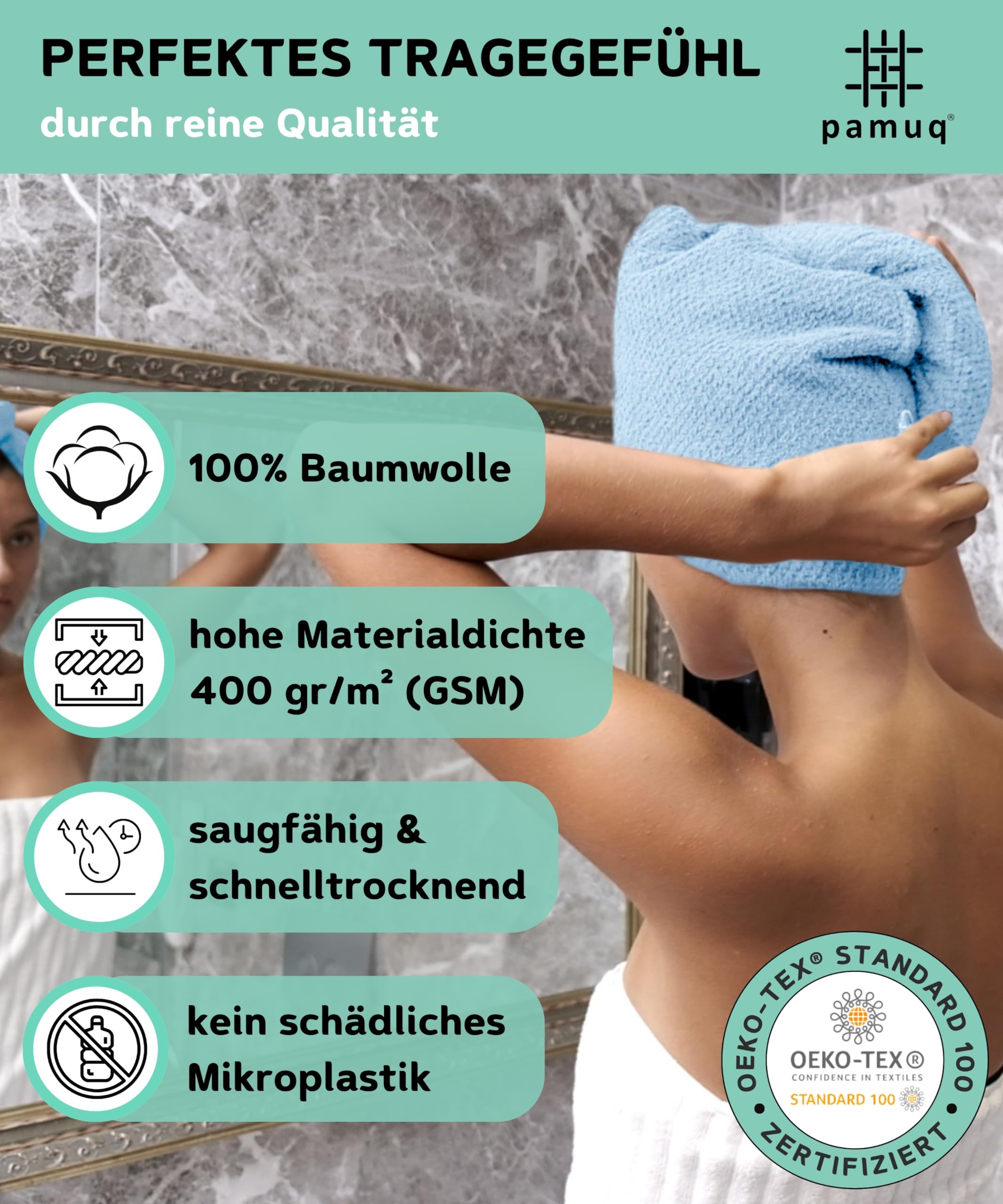 Haarturban aus 100% Baumwolle (Hellblau) – 2er Set Haarhandtücher mit Knopf, schnelltrocknendes Haartrockentuch für nasse & Lange Haare, weiches Turban Handtuch Damen