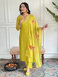 Women's Yellow Rayon Embroidered Straight Kurta Pant With Dupatta