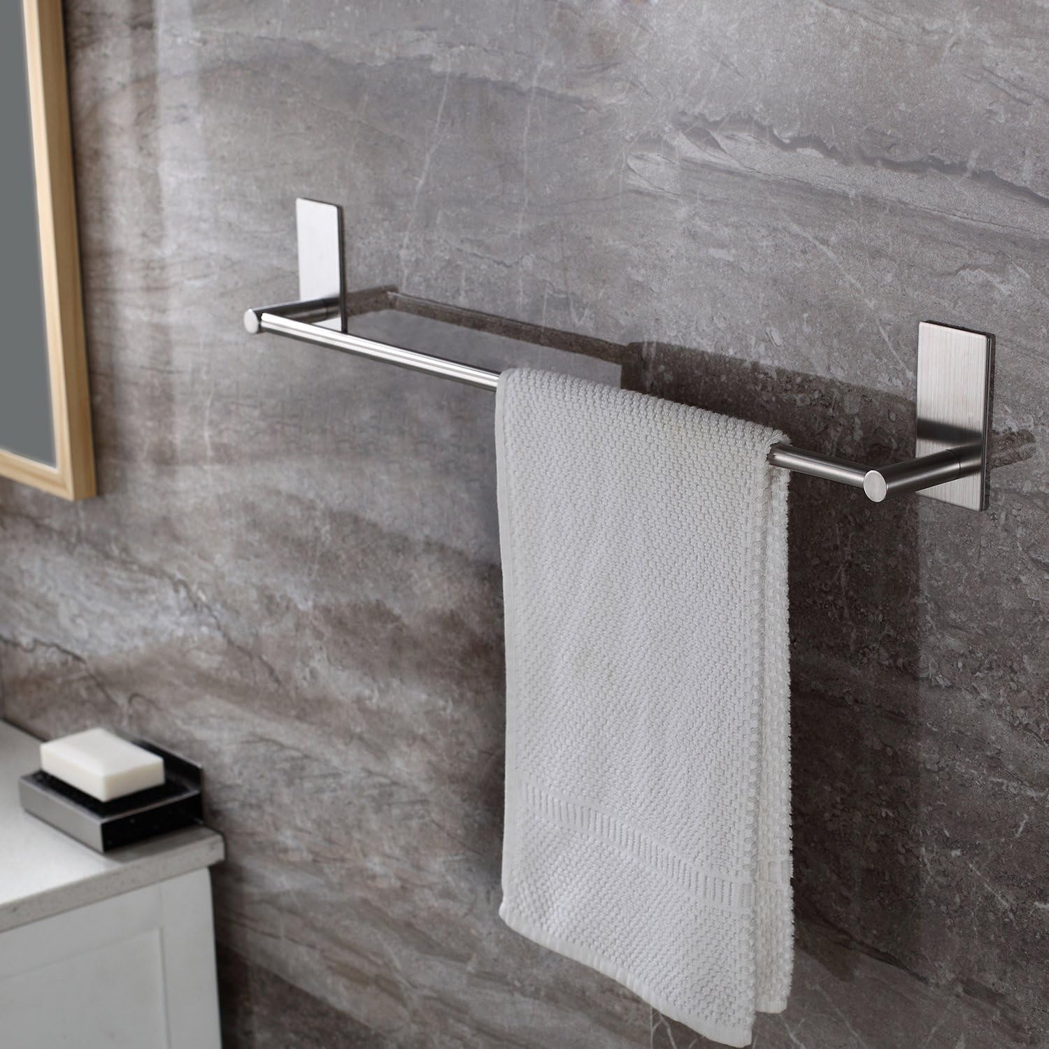 Taozun Towel Bar Self Adhesive 27.55-Inch Bathroom Brushed SUS 304 Stainless Steel Bath Wall Shelf Rack Hanging Towel Stick On Sticky Hanger Contemporary Style