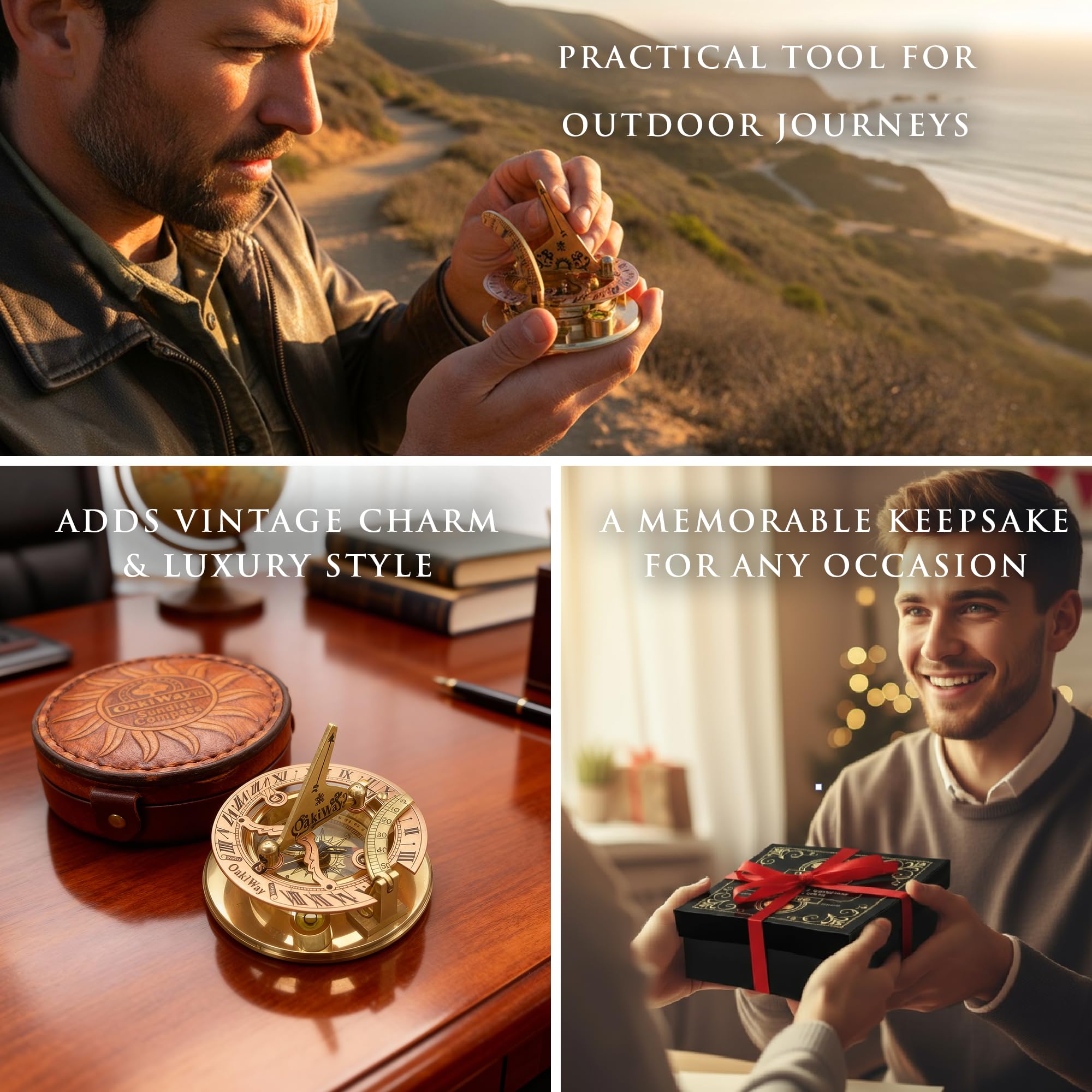 Bussola meridiana in ottone con custodia in pelle, regalo nautico per uomo, gadget antico per anniversario di vela, decorazione nautica unica, orologio da tasca navale marittimo