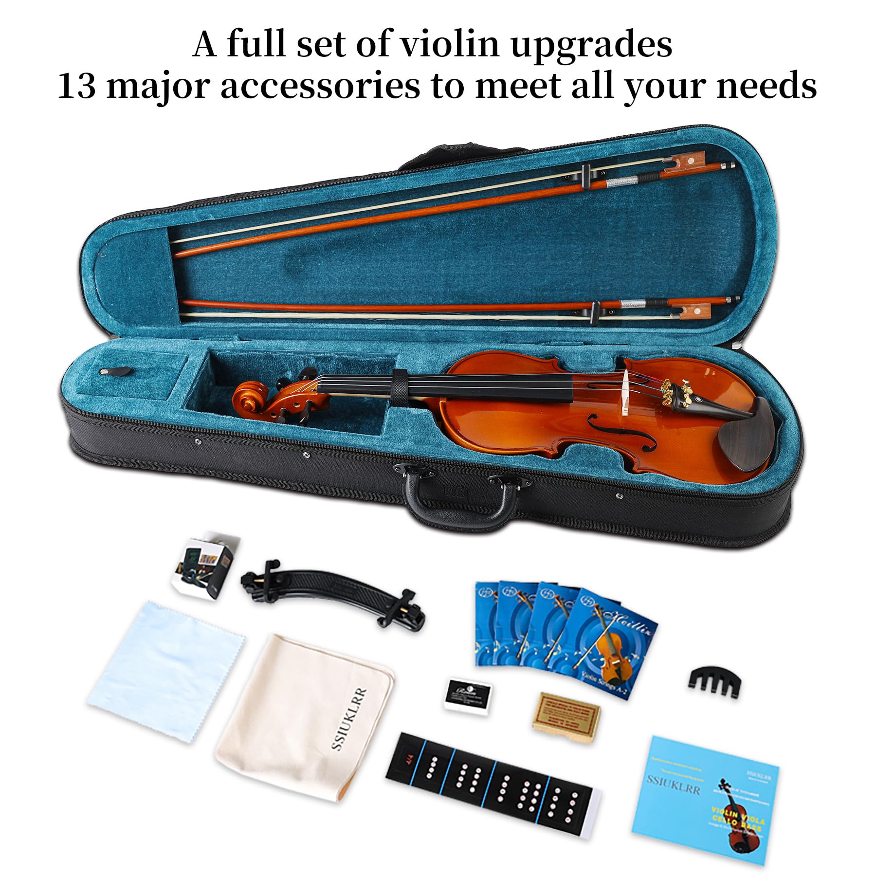 Juego completo de violín 4/4, violín principiante para adultos, niños, estudiantes, violín 4/4 con abeto, accesorios de arce y ébano, violín de tamaño completo con 13 piezas para principiantes a