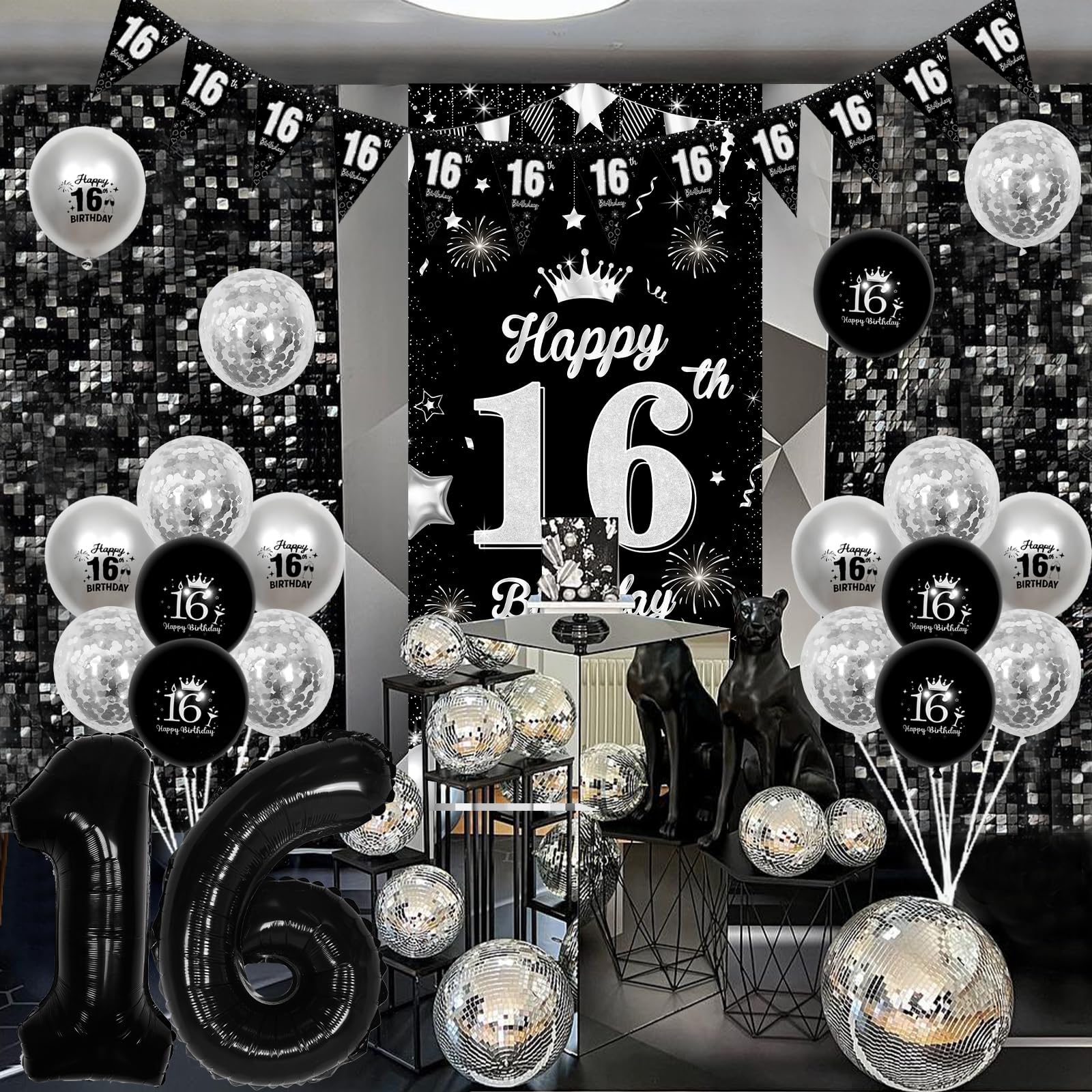 Decoraciones De Cumpleaños Número 16 Para Niños Y Niñas, Pancarta De Fondo De Feliz Cumpleaños 16, Decoraciones De Fiesta De Cumpleaños 16, Globos Triangulares, Mantel De Bandera Triangular