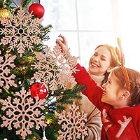 Vista 2 de 6 adornos grandes de copos de nieve de oro rosa de 12 pulgadas, copos de nieve grandes de plástico con purpurina para invierno, interiores