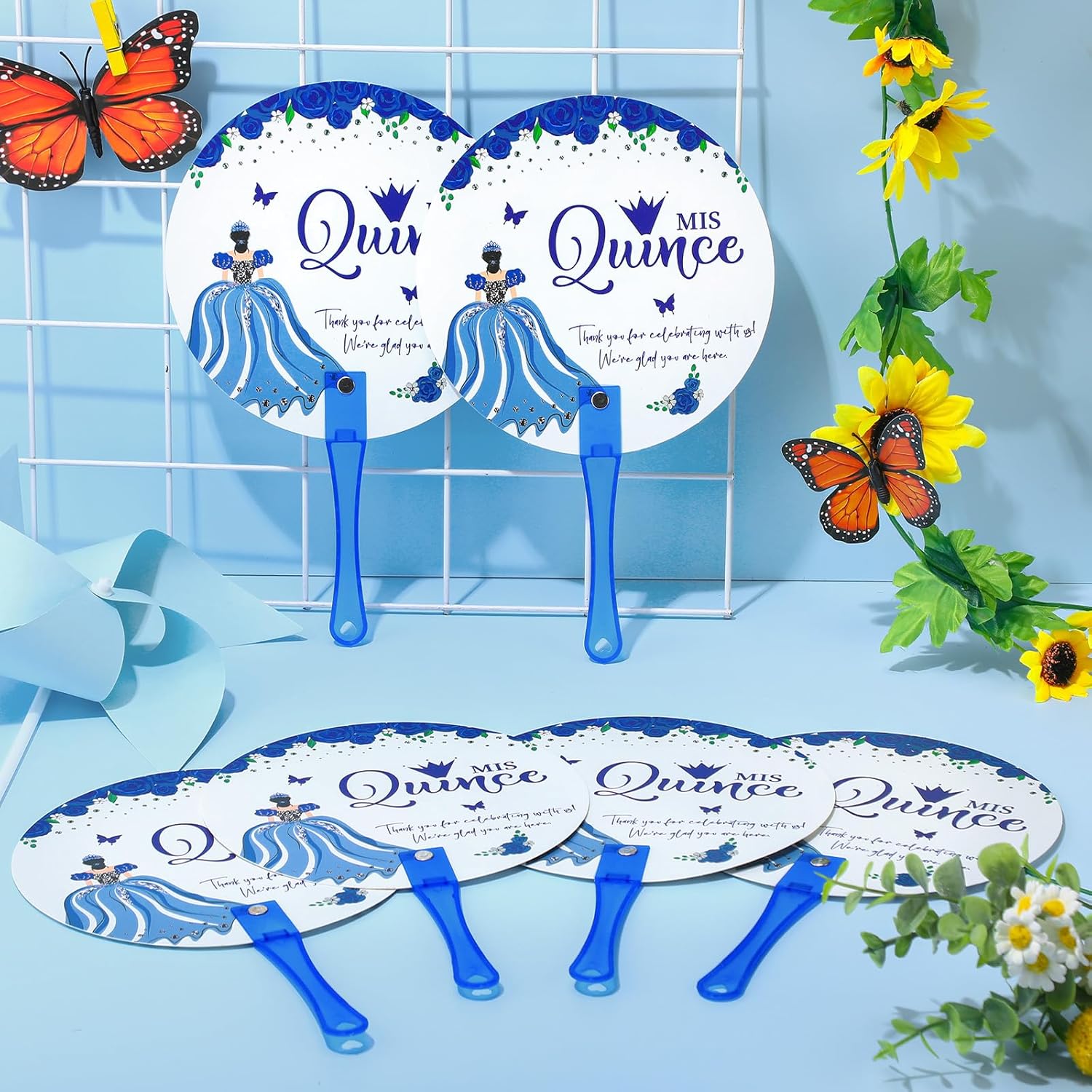 Cinnvoice 50 Quinceanera Party Favors for Guests Quinceanera Hand Fans Bulk Plastic Handheld Fans Mis Quince Gift for Girls Sweet 15 Birthday Party Decor Gift Adults Souvenirs (Blue)