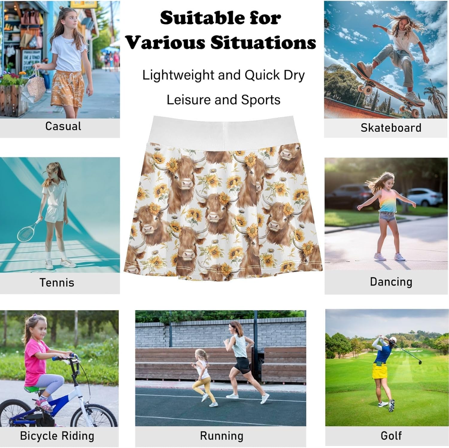 visesunny Watercolor Highland Cow Girl's Golf Skirt Athletic Tennis Skort Sport Activewear with Double Layer Pockets
