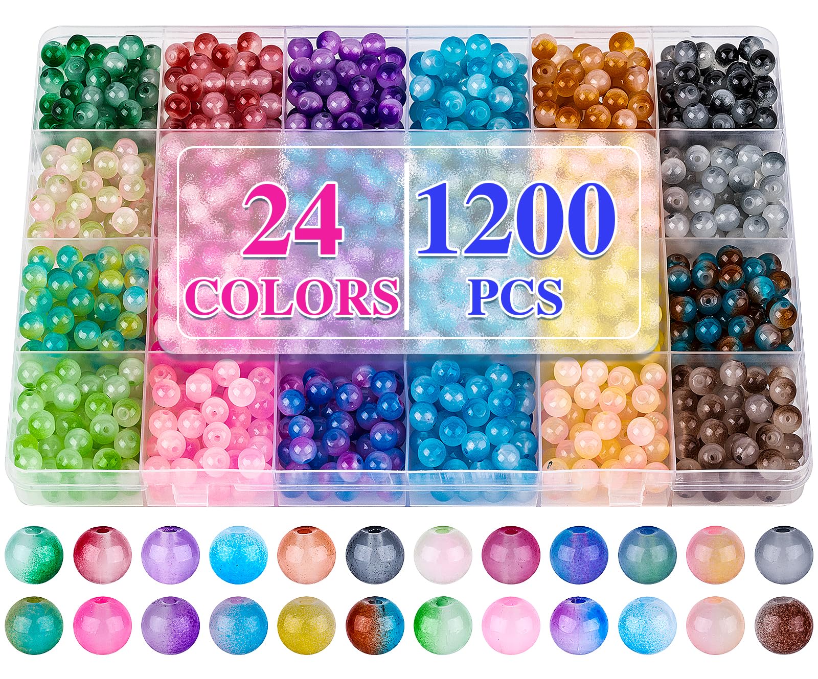 XSEINO About 1200+ PCS 6mm Double Colors Style Glass Beads Bracelet Making Kit,24 Assorted Double Colors Series Crystal Beads for Jewelry Making and DIY Crafts, Friendship Bracelets