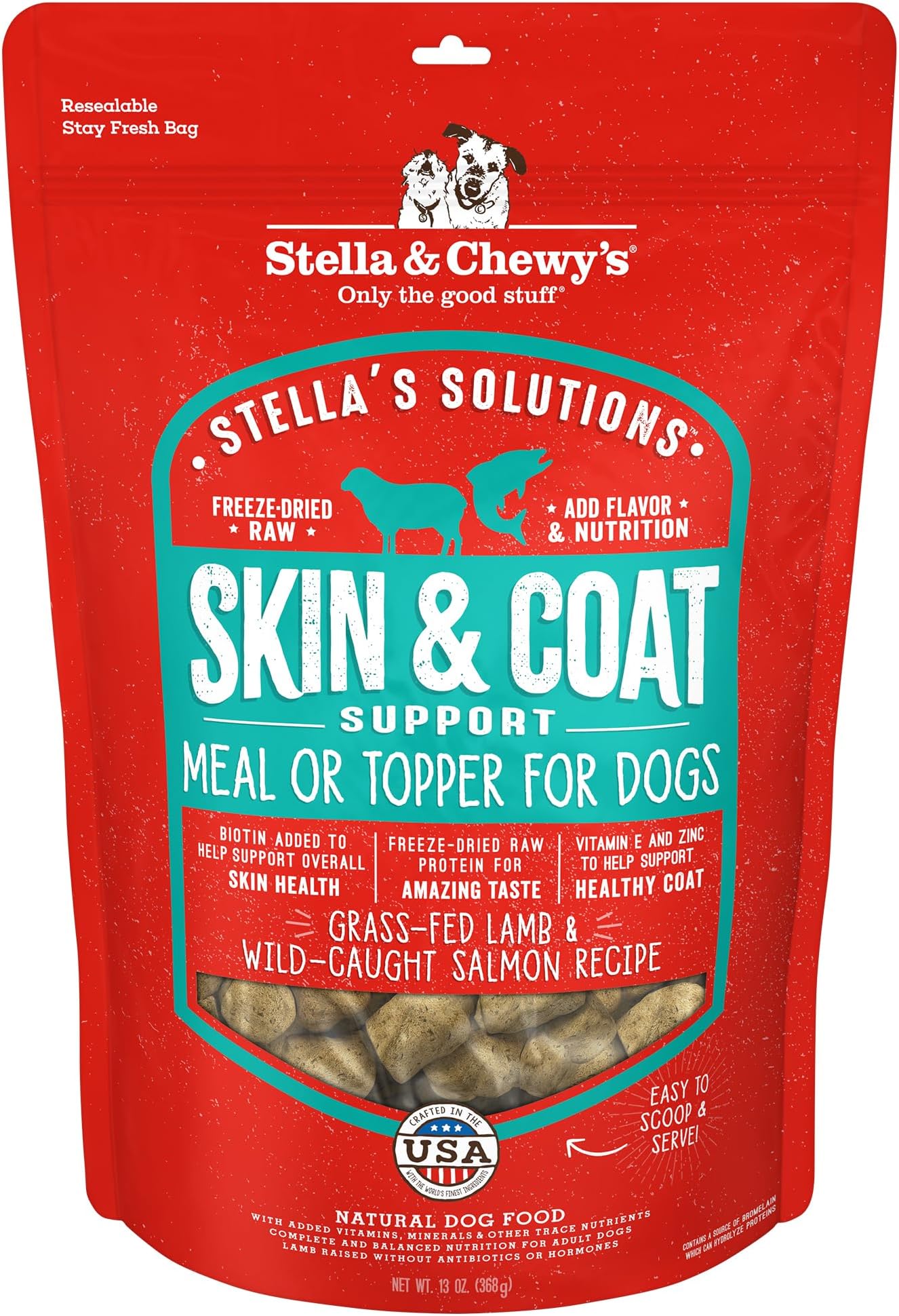 Stella & Chewy's Freeze-Dried Raw Dog Food for Skin & Coat - Grass-Fed Lamb & Wild-Caught Salmon - Natural Solution for Itchy Skin, Dull Coat & Shedding - Premium Raw Nutrition - 13oz