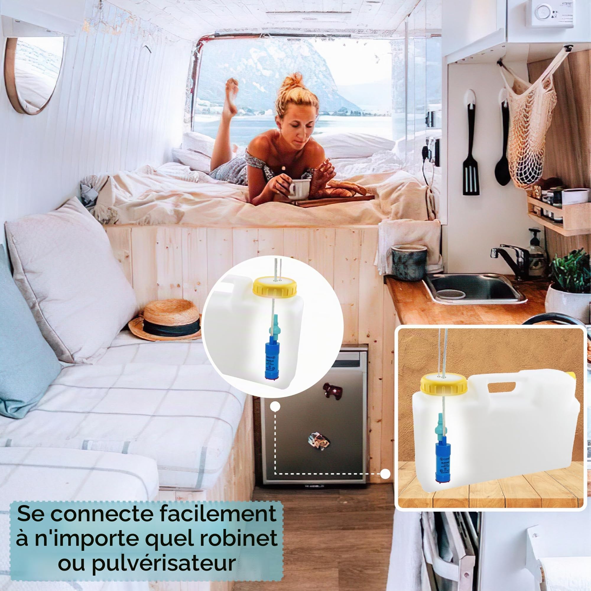Comet Elegant Pompe à eau 12 V avec clapet anti-retour (fixe) + filtre – Kit avec ebook de camping – Pour camping-car, caravane, pompe submersible