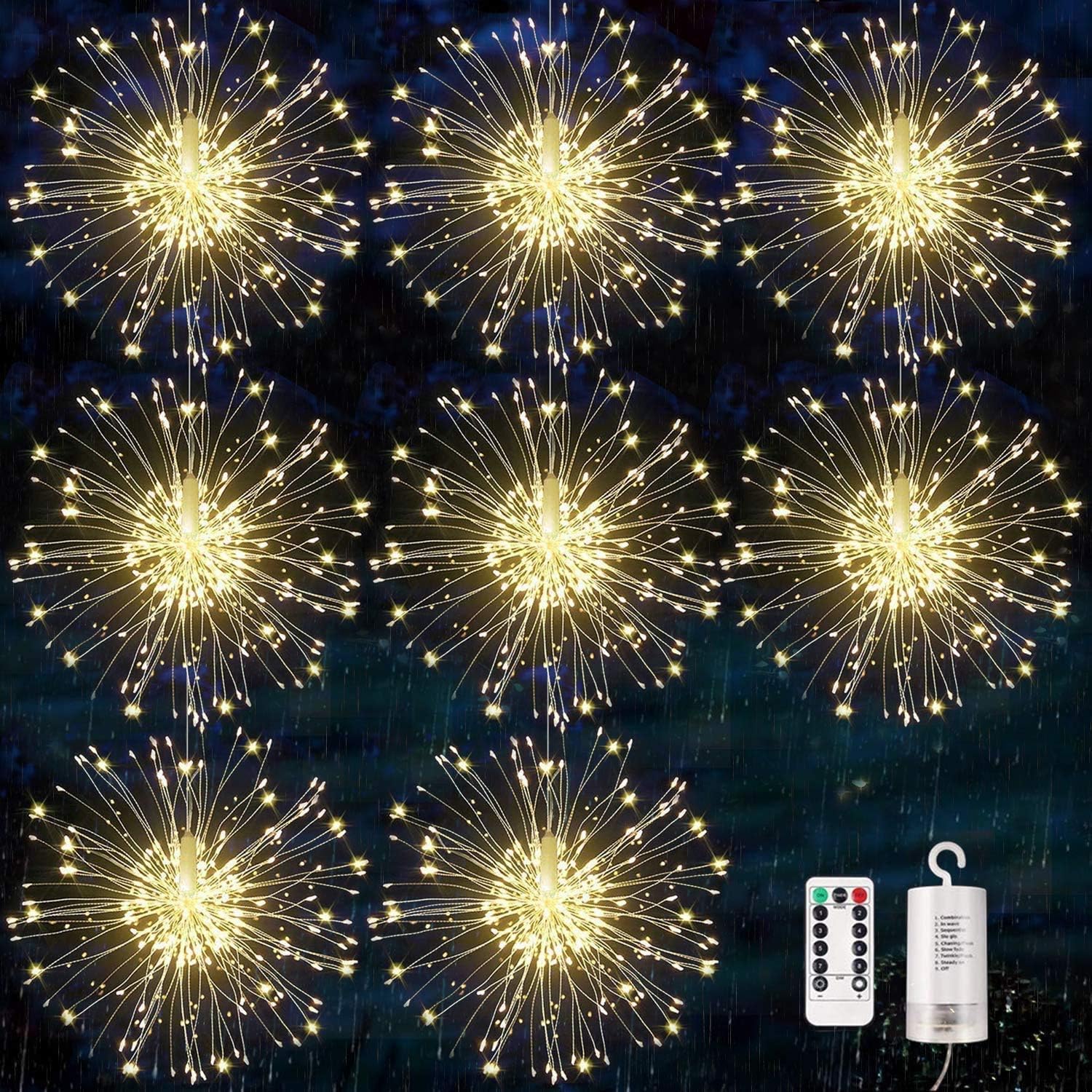 Firework Lights, 8 Pack LED Copper Wire Fireworks Lights Fairy Lights Christmas Fireworks Hanging Dimmable String 8 Modes Waterproof with Remote Control for Christmas Wedding Garden