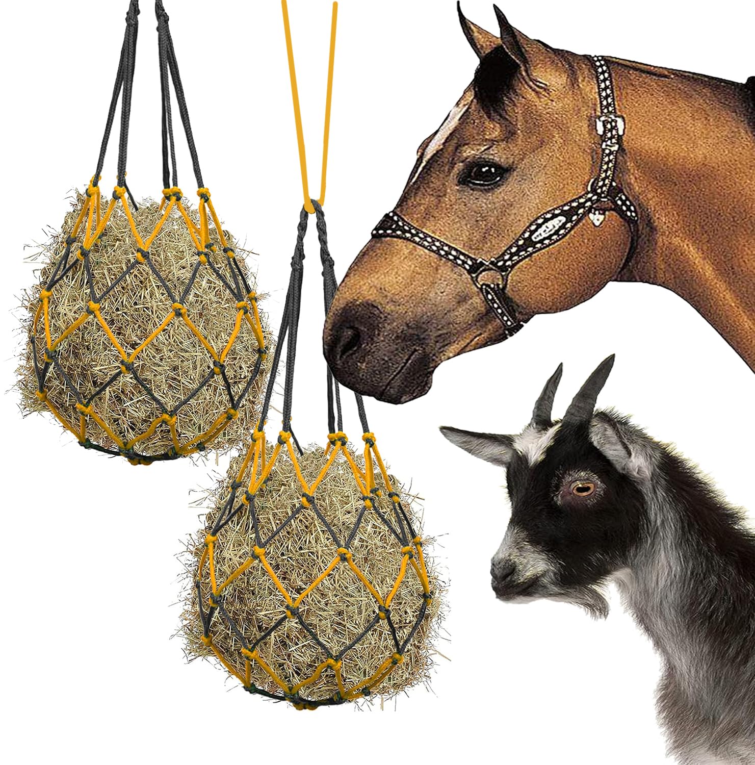 KAKOLOPT 2 Pack 24" Horse Treat Bag Feeder Net,Hay Nets For Horses,Strong Mesh Hanging Slow Feeder Haynet+Rope For Haylage,Horse Treats & Soak Hay Bale Equestrian Horse Accessory for Goat Sheep