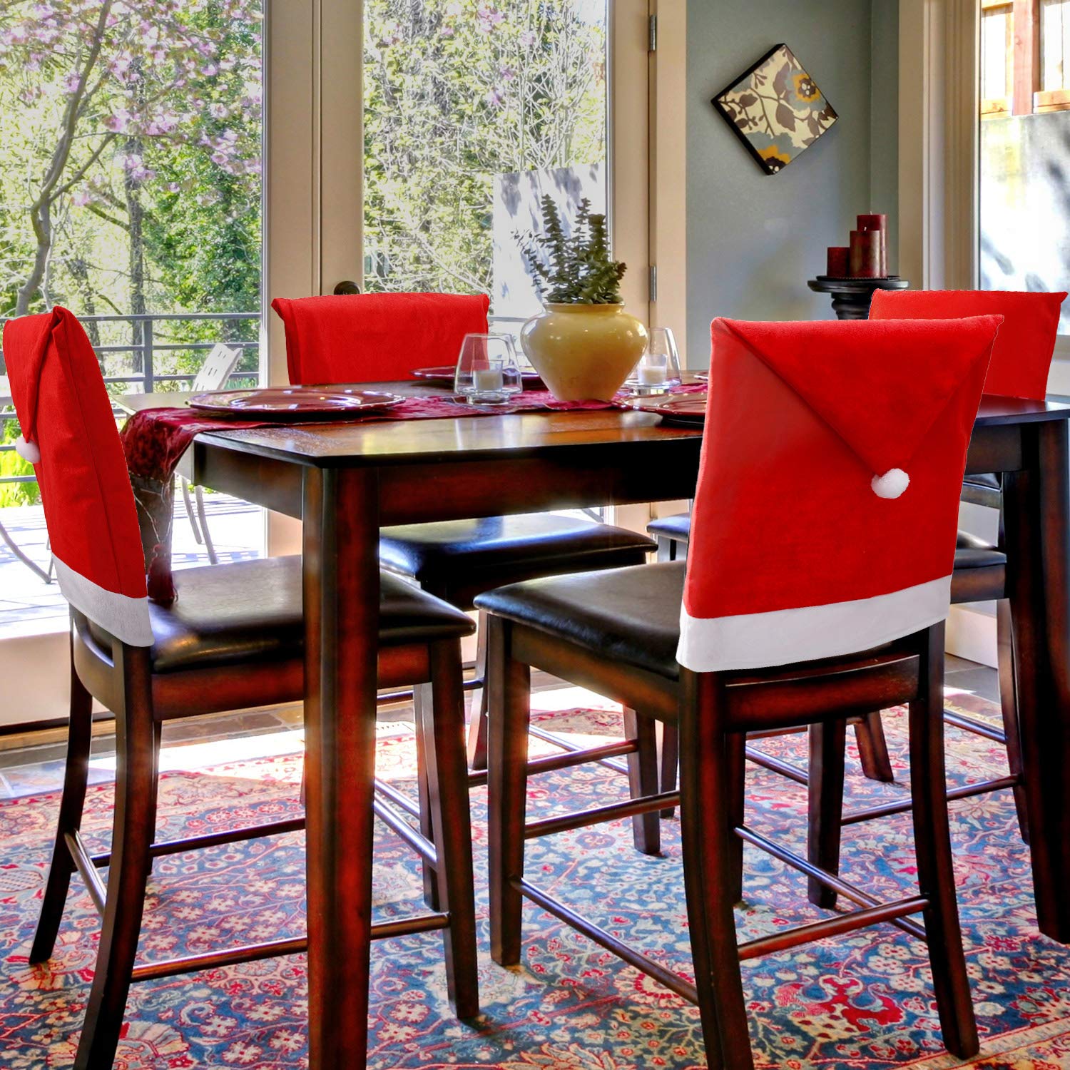 Lot De 4 Housses De Chaise Père Noël — 49x60 Cm, Tissu Non Tissé Rouge — Déco Table De Noël, Réutilisables, Lavables - 6