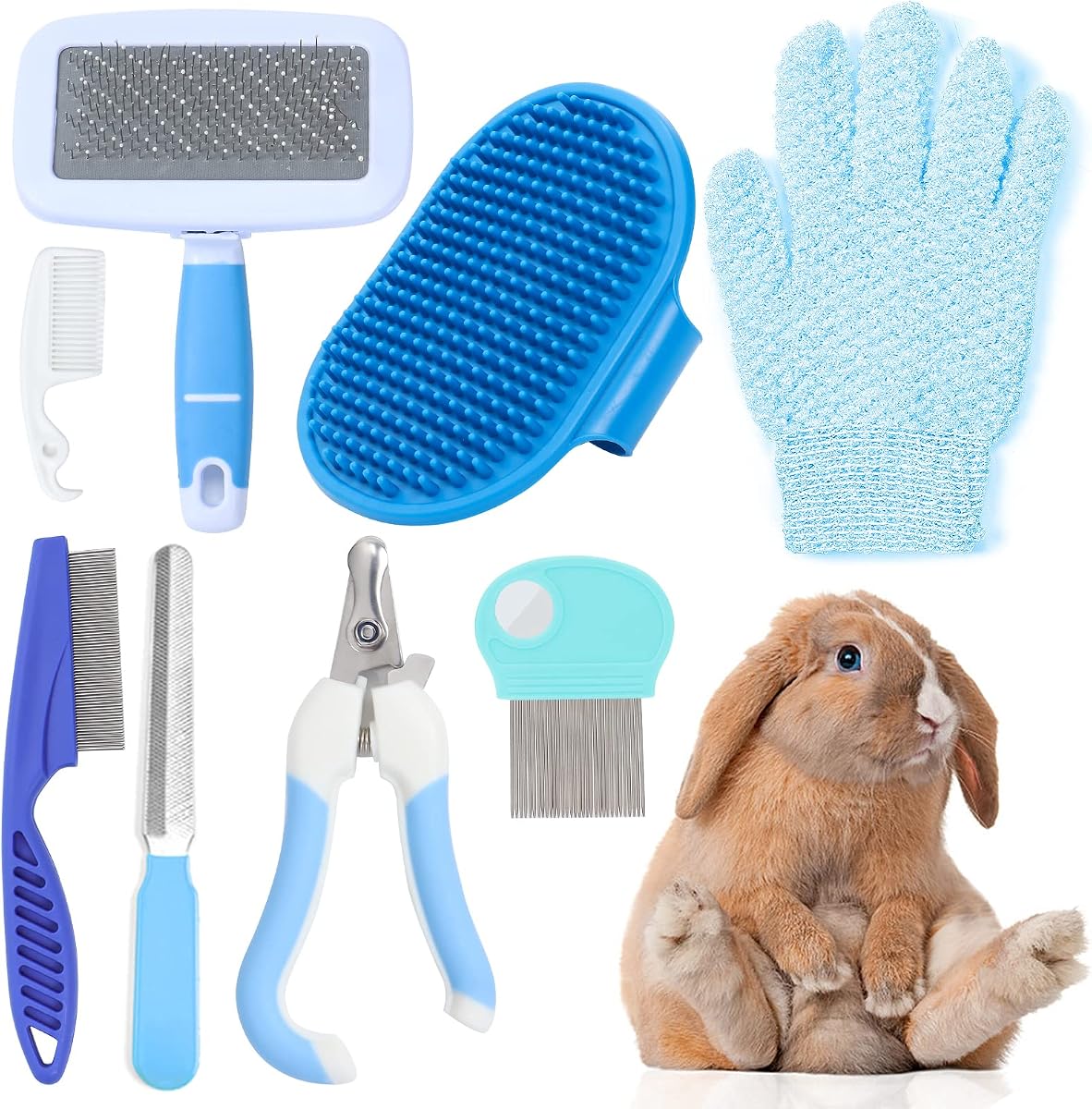 VCZONE Juego de aseo para animales pequeños: cortaúñas y lima para mascotas, peine para pulgas, cepillo para champú, cepillo para quitar pelo, guante de masaje, peine de limpieza (azul)