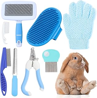 VCZONE Small Animal Grooming Set: Pet Nail Clipper & File, Flea Comb, Shampoo Brush, Shedding Slicker Brush, Massage Glove, Cleaning Comb (Blue)