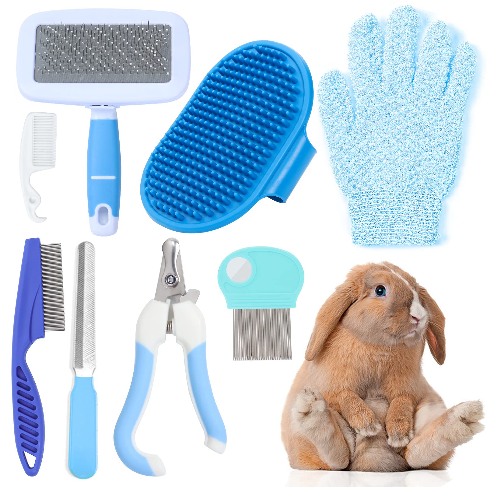 VCZONE Small Animal Grooming Set: Pet Nail Clipper & File, Flea Comb, Shampoo Brush, Shedding Slicker Brush, Massage Glove, Cleaning Comb (Blue)