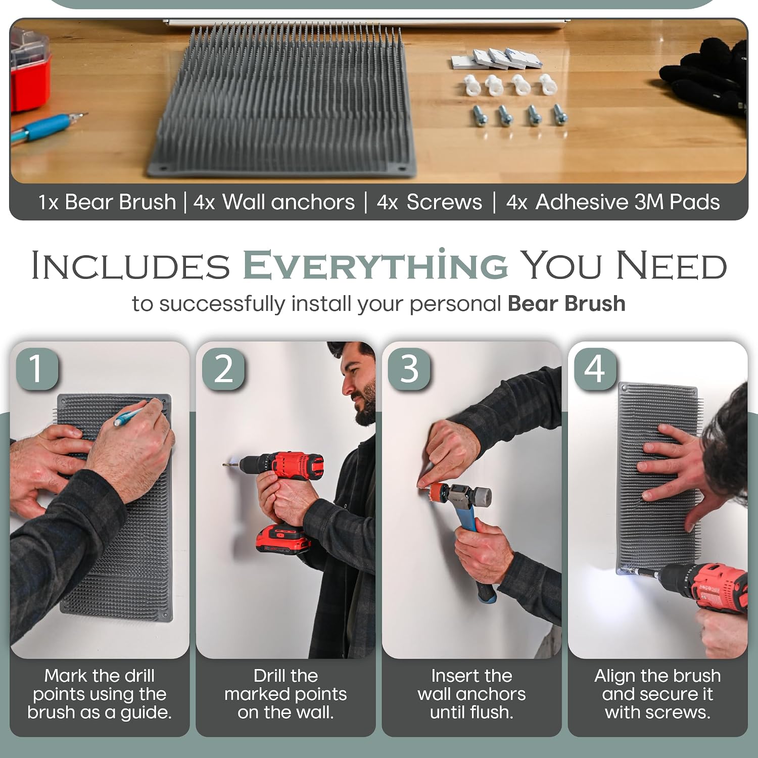 Wall Mounted Back Scratcher, Extra-Firm Bristles, Grey, Shirt On