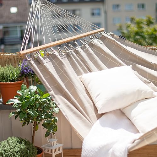 Vista 21 de La Siesta® Alisio Hamaca con barra esparcidora, hamaca exterior resistente a la intemperie, hamaca exterior de tela para 2 personas, máximo 355
