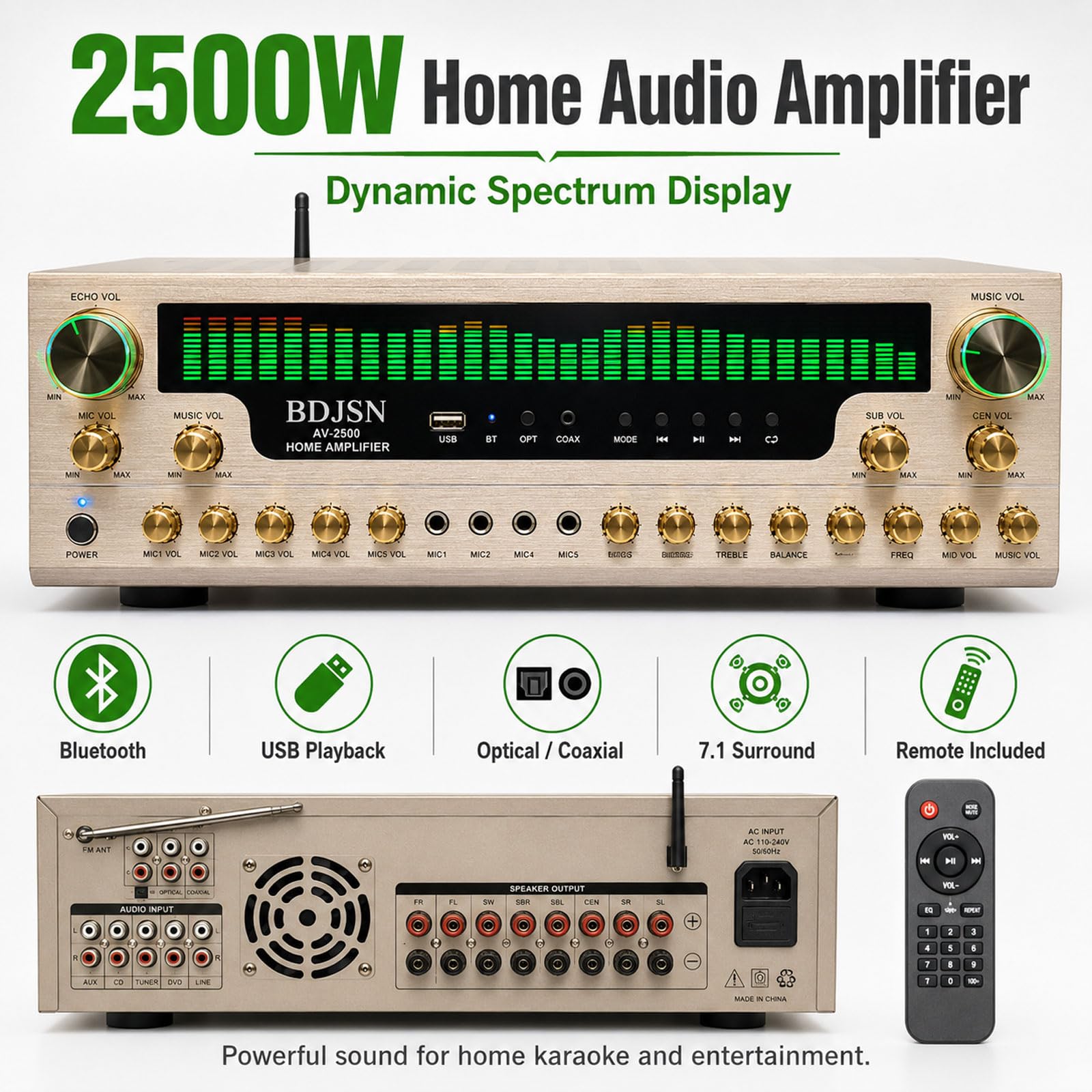 Amplificador De Audio Doméstico 2500w, Receptor Estéreo 7.1 Canales con Pantalla De Espectro, Bluetooth, Reproducción USB, Entradas óptica/coaxial/aux/RCA, Múltiples Tomas De Micro, Mando A