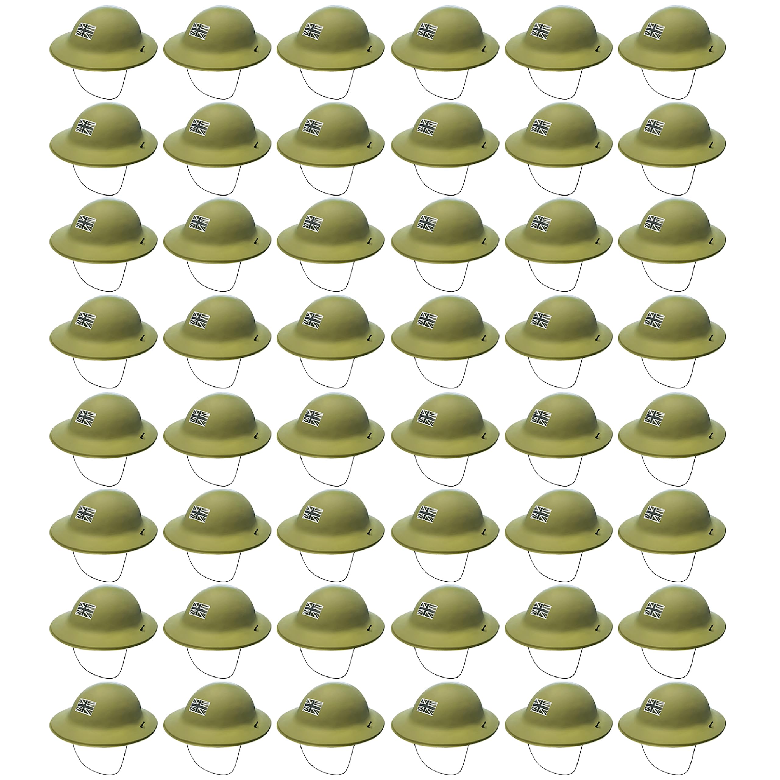 Adults Army Helmet - Pack of 48 - Green Plastic Army Helmets with Union Jack Badge - Mens Womens Military Armed Forces Day Fancy Dress Costume Accessory VE DAY COMMONWEALTH