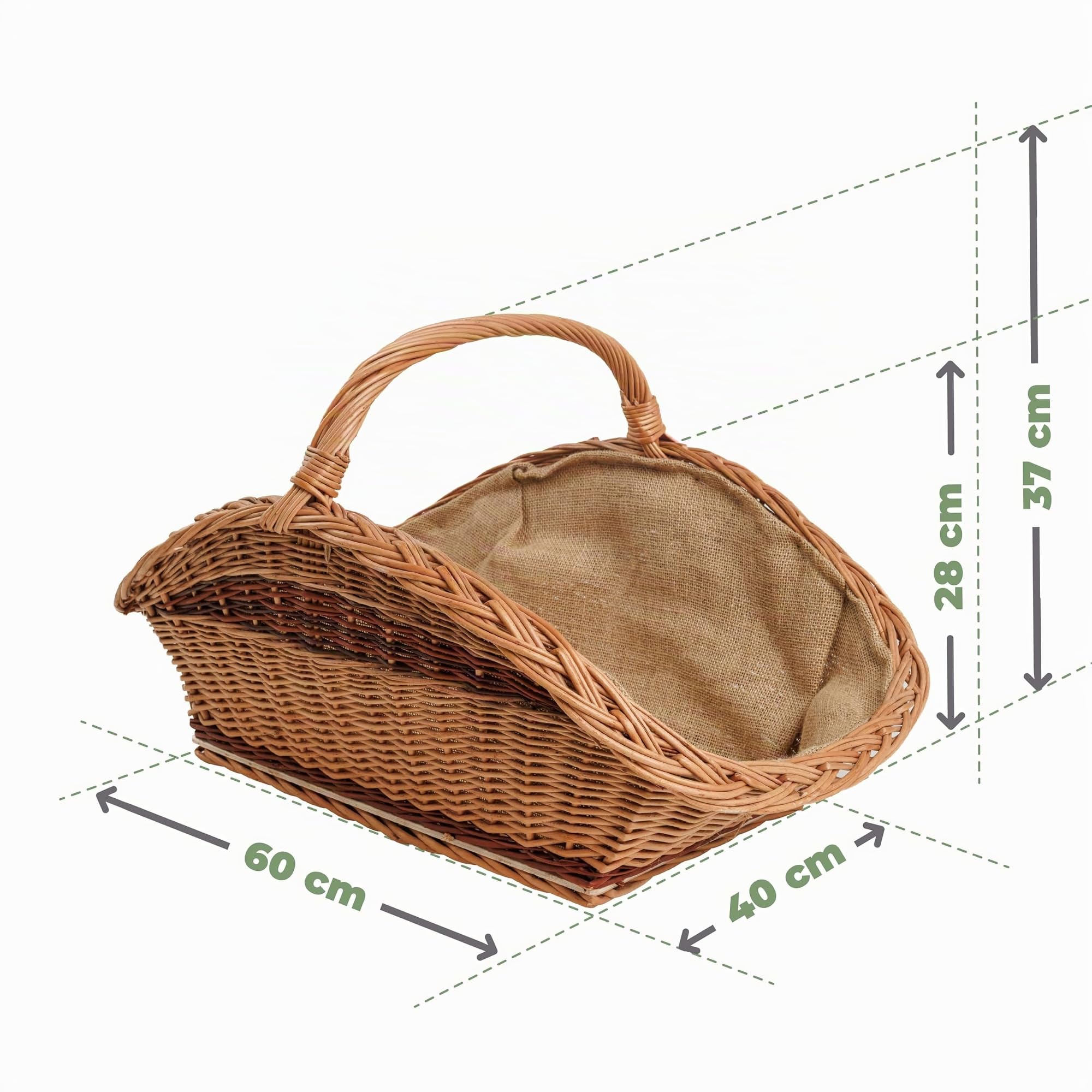 BOGATECO Cestino in vimini con manico, rettangolare, 60 x 40 x 28 cm, tessuto a mano, massiccio, cestino in legno rivestito in iuta, cestino per legna da ardere, bicolore