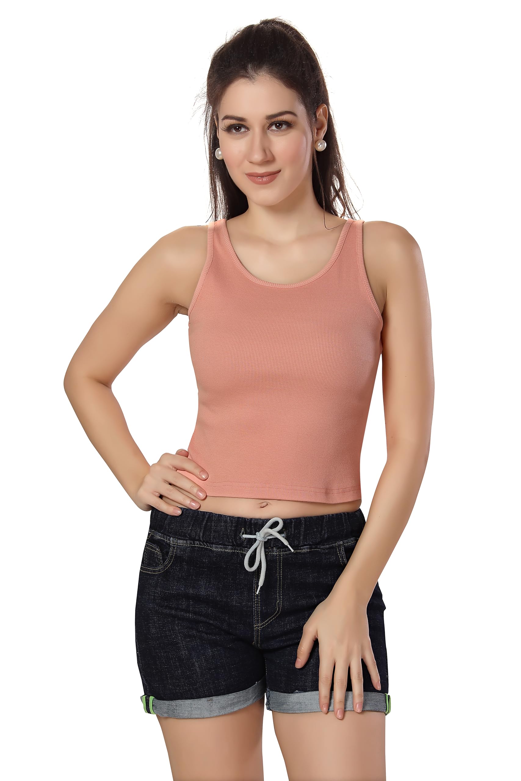 Women’s Rib Knitted 100 Percent Cotton Racer Back Round Neck Crop Tank Top with Sleeveless - Available Sizes - XS, S, M,L,XL,2XL