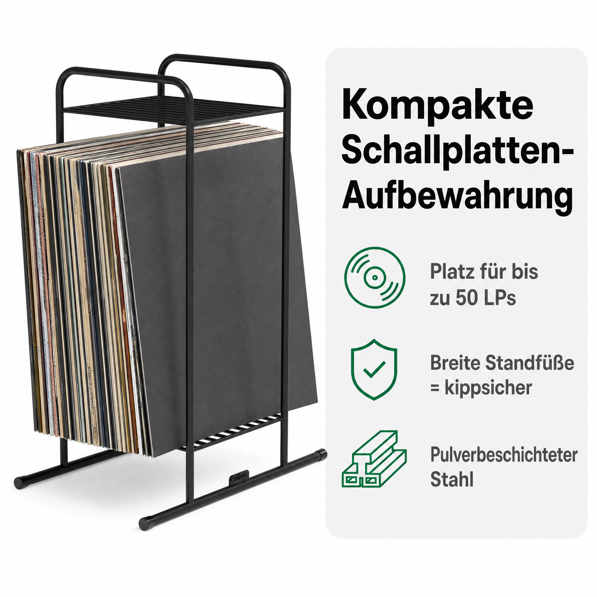 Zomo VS-Rack Vinya 50 Vinylständer – 300 x 190 x 455 mm - Schwarz - Plattenregal aus Stahl für bis zu 50 LPs – Kompaktes Schallplattenregal mit breiten Standfüßen – Modernes Vinyl Rack
