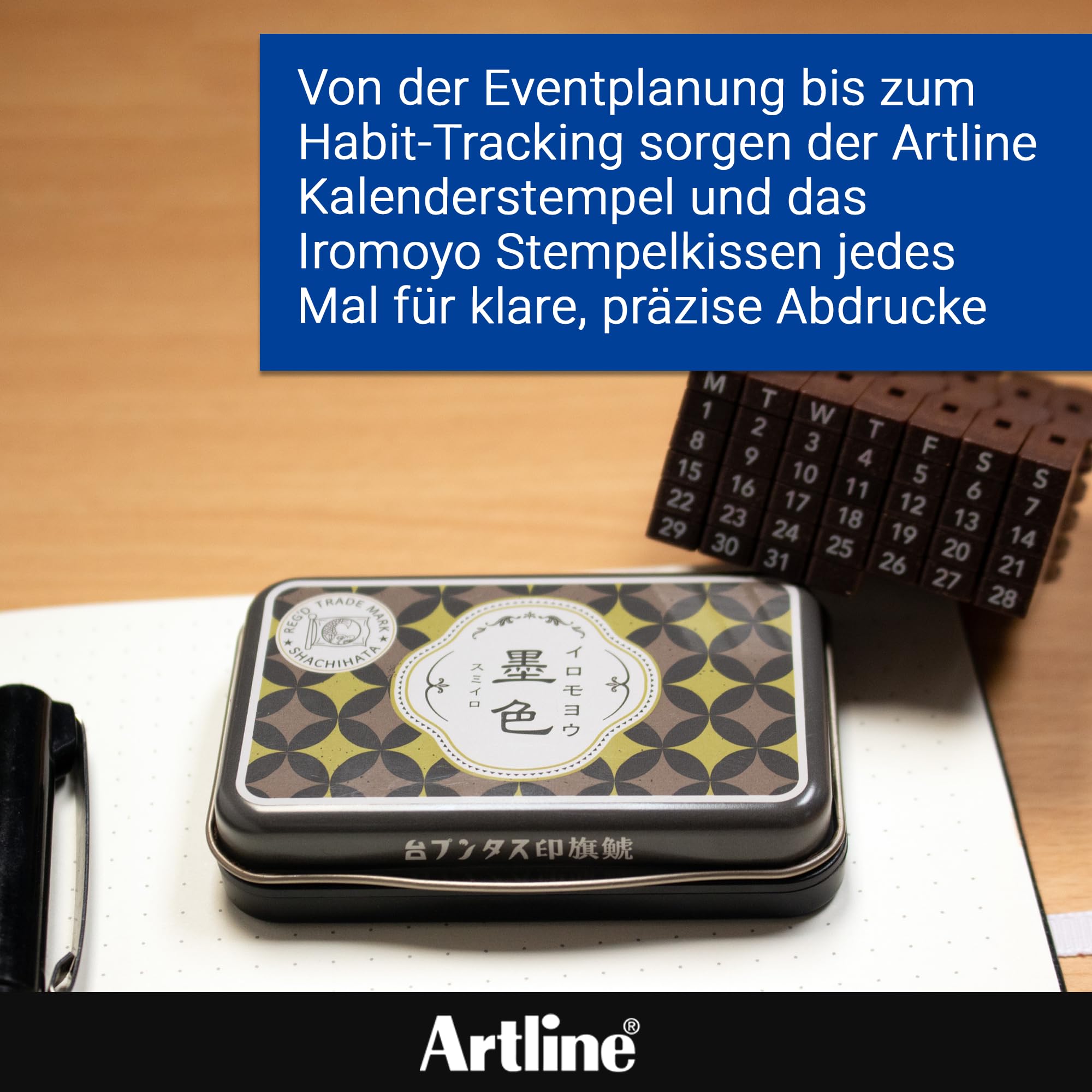 Artline Kalender Stempel & Iromoyo Stempelkissen Set (Schwarz) – Ewiger Kalender mit 7 Tagen, 31 Daten & 2 Blanko-Elementen, schnell trocknende wasserfeste ölbasierte Tinte – Artline Künstlerbedarf