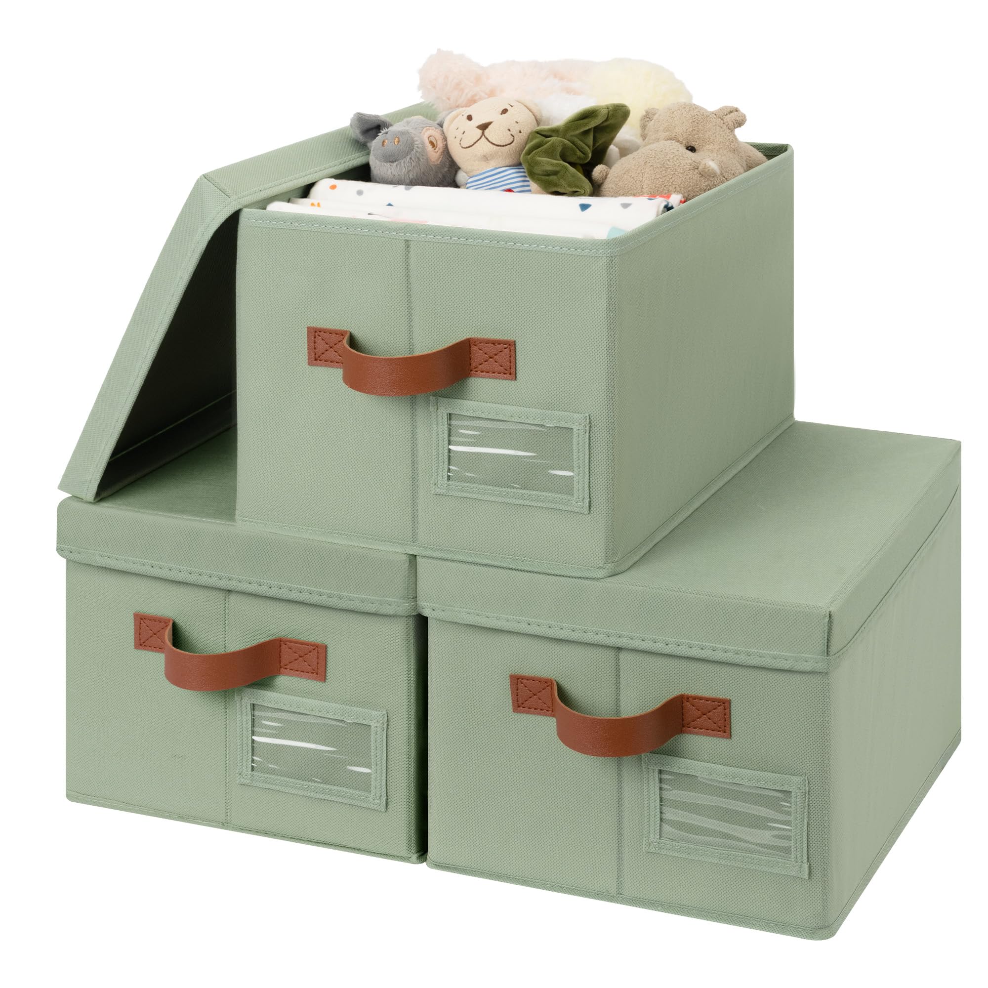GRANNY SAYS Wardrobe Storage Boxes with Lids, Pack of 3 Fabric Storage Boxes with Lids, Wardrobe Organisers, Clothes Organisation Baskets for Shelf, Foldable Box for Bedroom Closet Organising, Green