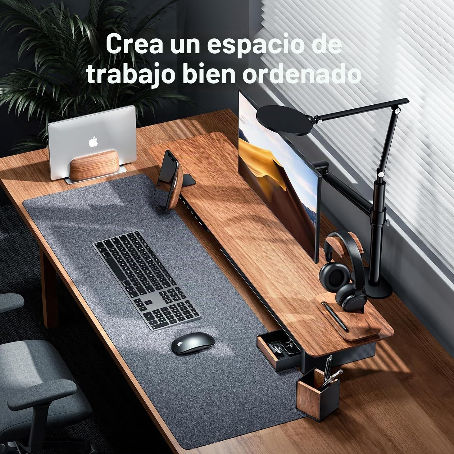 Bandeja de escritorio de madera de nogal con juego de portalápices, bandeja organizadora de oficina de madera natural y aluminio para llaves, bolígrafo, watch