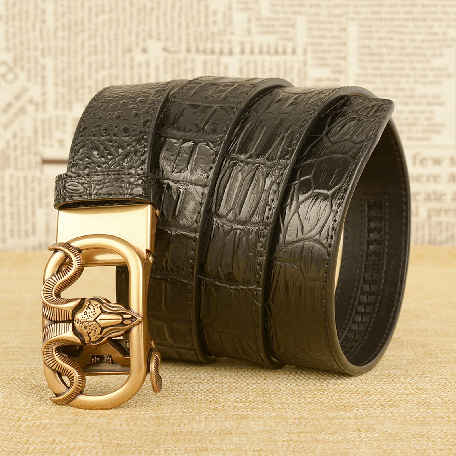 Cinturón para Hombre, Cinturones de Hebilla Deslizante de trinquete de Cuero, Hebilla automática de Metal,Black Gold,120cm