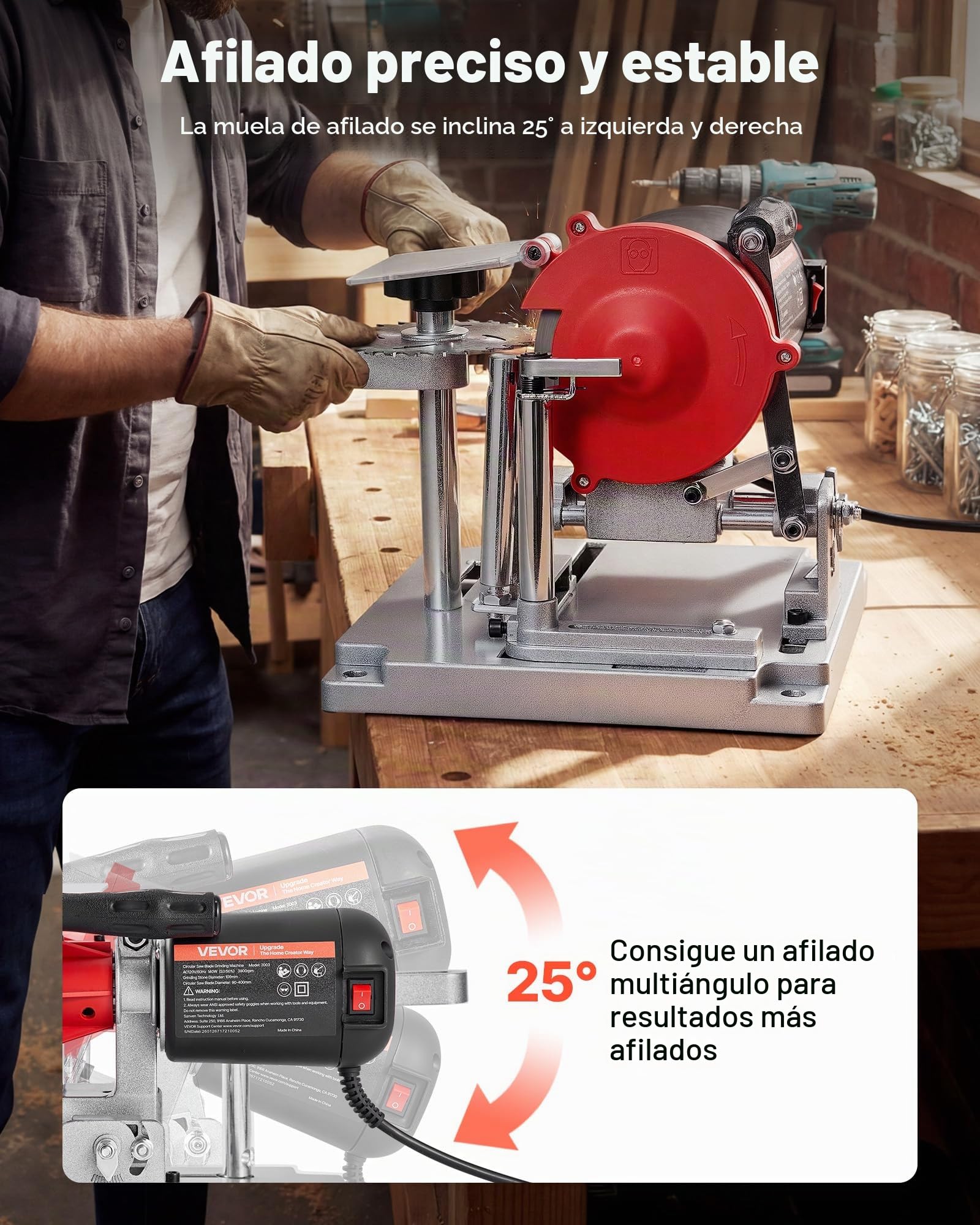 VEVOR Afiladora de Discos de Sierra Circular 140 W 5700 RPM, Afilador de Hojas de Sierra Circular para Hojas de 90 a 400 mm con Muela de Diamante y Cerámica Ajuste para Taller Carpintería y Bricolaje