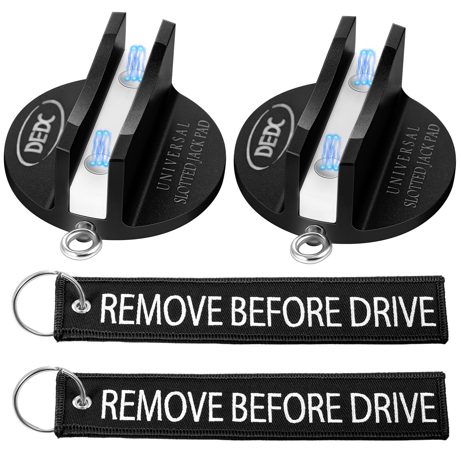 DEDC Universal Pinch Weld Jack Pad 2 Pcs Black, Magnetic Aluminum Jacking Puck Frame Rail Protecotr with 2 Reminder Streamers, Garage Accessories for Mechanics