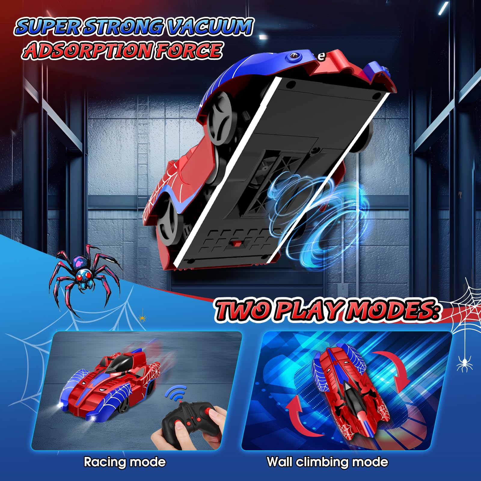 Joellfuner Voiture Spider Télécommandée Lumière - Jouet Murale Pivotante 360° pour Enfants 3+