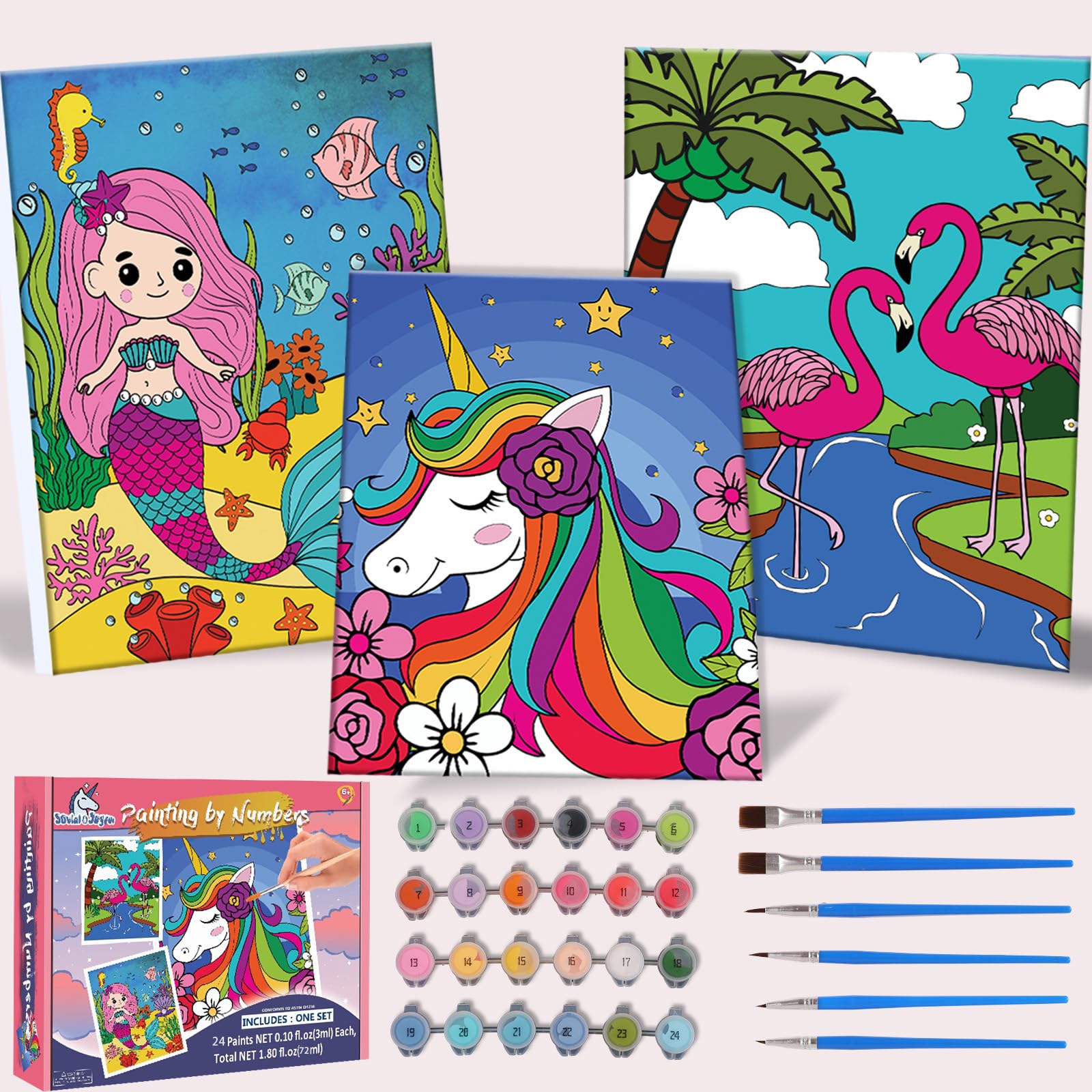 Paint-by-Numbers-Kit-for-Kids, 3 Pack 8x10 Inch Framed Canvas With 24x3ml Acrylic Paints Pots, 6 Brushes, Paint And Sip Kit For Kids, Predrawn Paint Canvas, Painting Stuff For Teens, Christmas Art Set