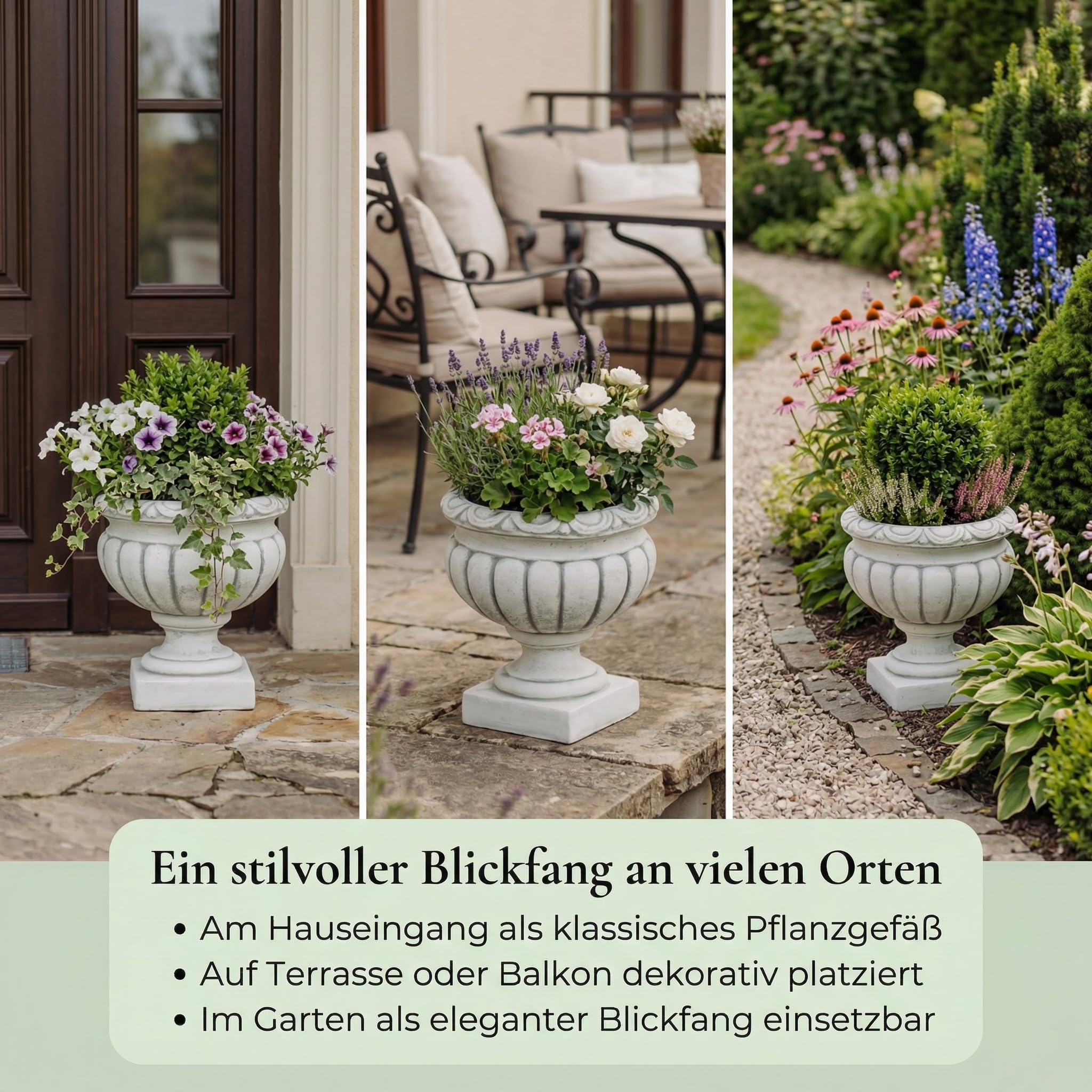 gartendekoparadies.de Klassische Pflanzvase, Pflanzgefäß für Garten & Terrasse, Ø 30 cm, H 32 cm, Grau, 5 L, 14 kg, Weißbeton/Steinguss, frostsicher bis -30 °C