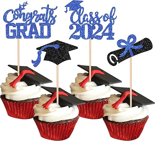 24 piezas 2024 decoraciones para cupcakes de graduación 2024 con purpurina para la clase de 2024, diploma de felicitaciones, tapa de graduación, disponible en Yaxa Colombia