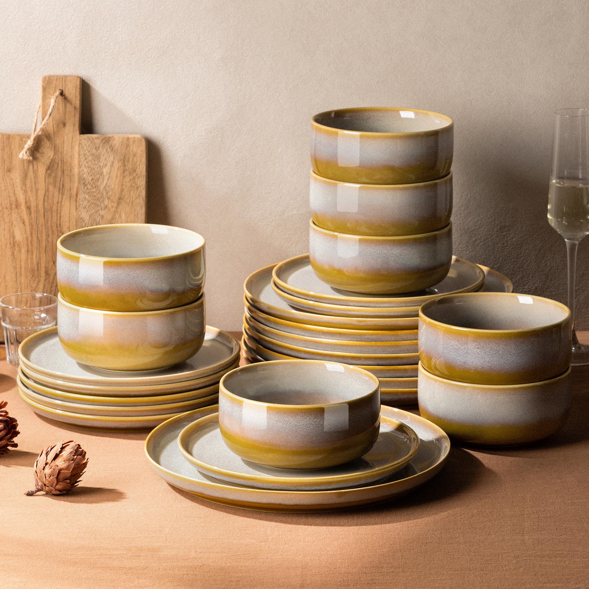 Ceramic Dinnerware Set for 8, 24-Piece Plates and Bowls Set | Handmade Reactive Glaze Dish Set, Scratch Resistant, Oven &amp; Microwave &amp; Dishwasher Safe, Autumn Haze