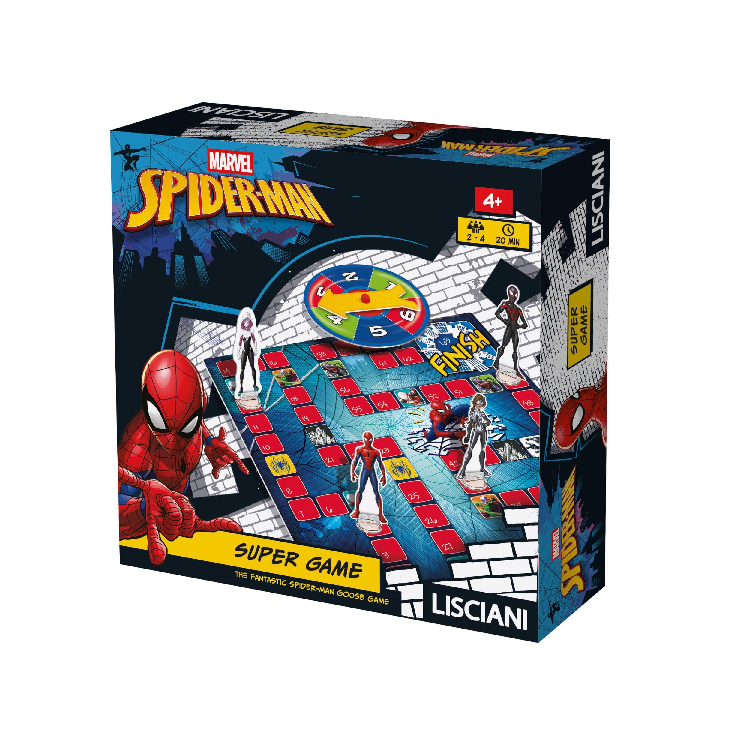 Lisciani – Spider-Man Super Game for Children from 4 Years – Official Marvel Board Game with Special Squares and Spinner – 4 Character Pawns and 4 Stands Included – 2 to 4 Players