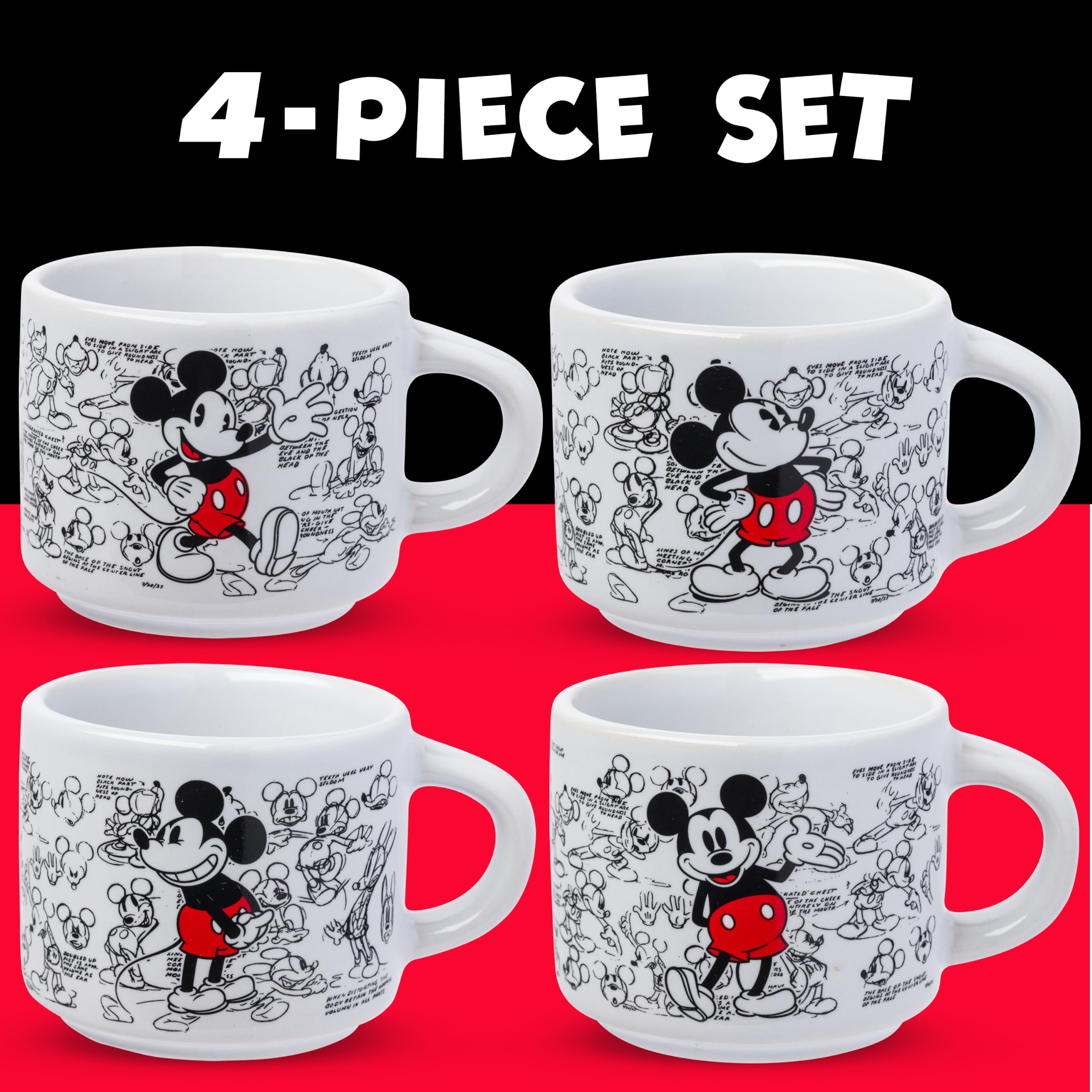 Silver Buffalo Disney Mickey Mouse Vintage Sketches Art 4-teiliges stapelbares Keramik-Espresso-Tassen-Set, 85 ml