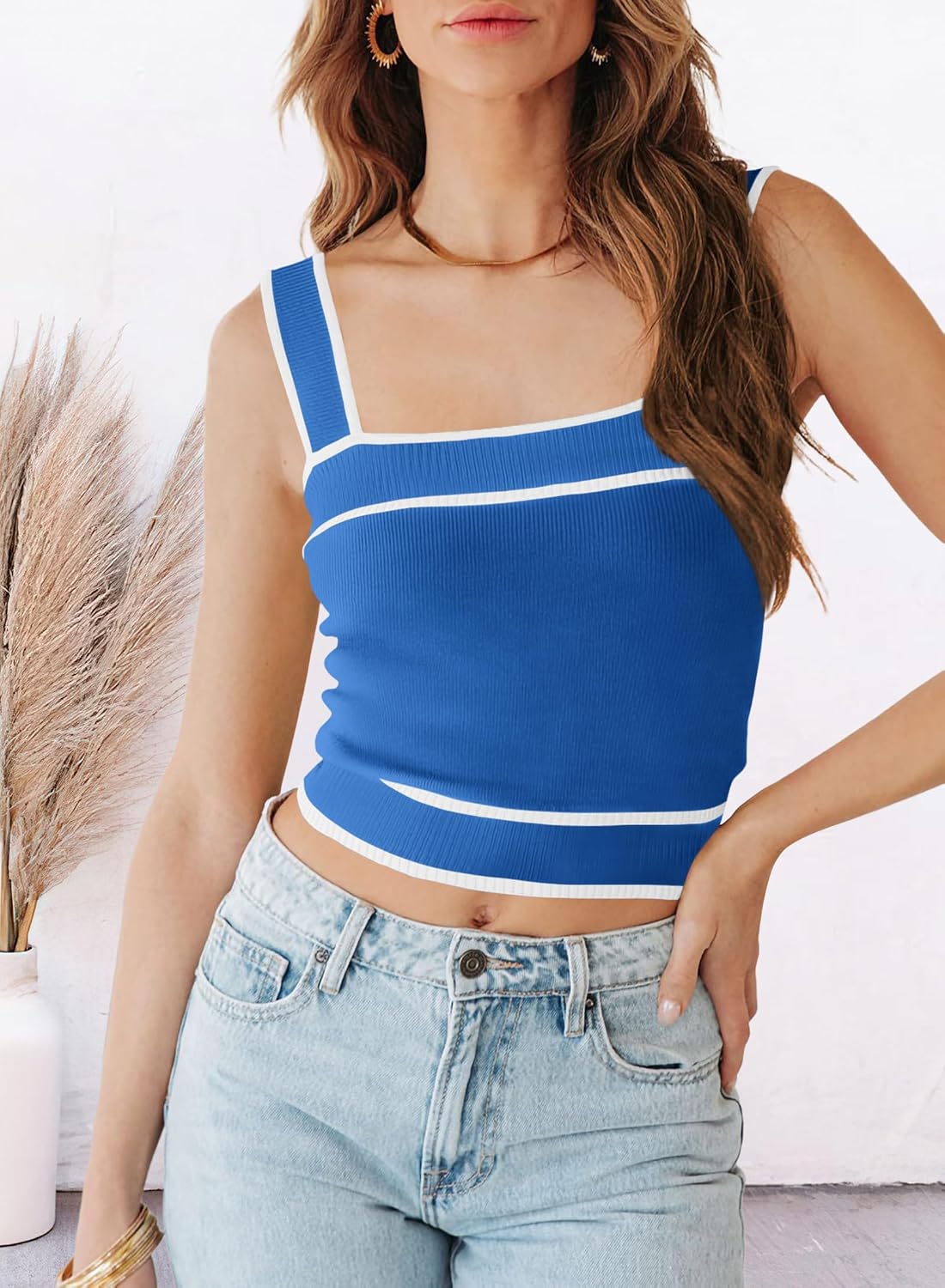 NALANISA Women's Trendy Summer Square Neck Crop Tank Tops 2026 Casual Color Block Knit Sleeveless Slim Fit Y2k Cami Shirts - Image 4