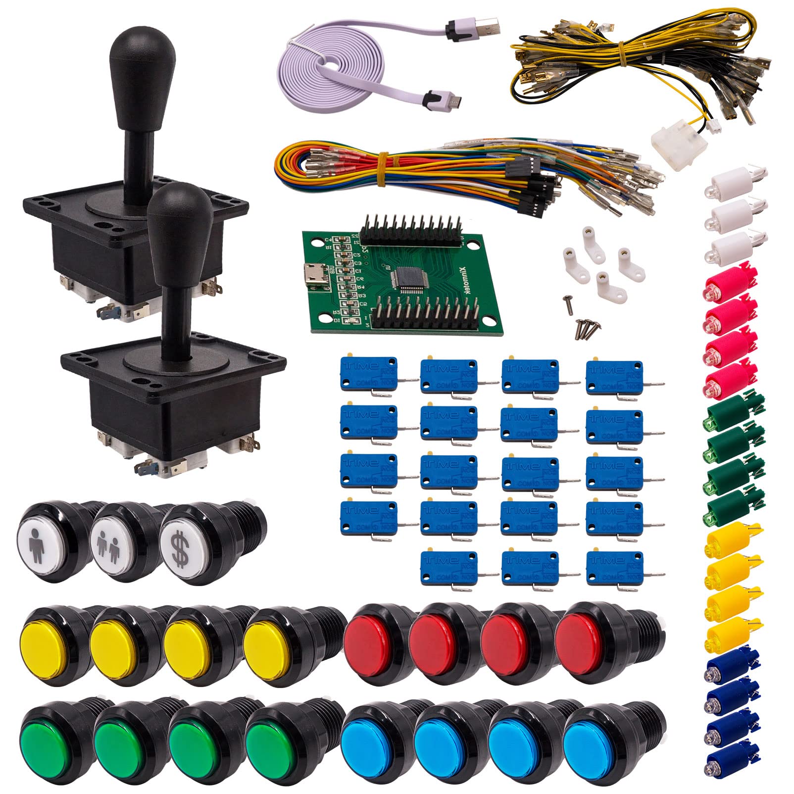 Kit Joystick e Pulsanti Arcade 2 Giocatori Luminosi Pulsanti Neri 2 Joystick Americani Carta XinMoTek Videogiochi Retro Gaming